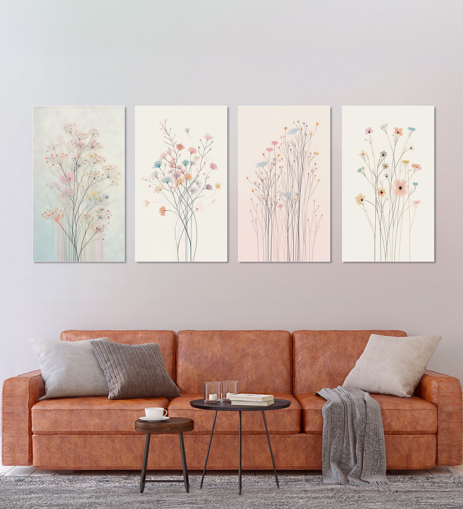 Floral Set of 4 Canvas Wall Painting White Frame