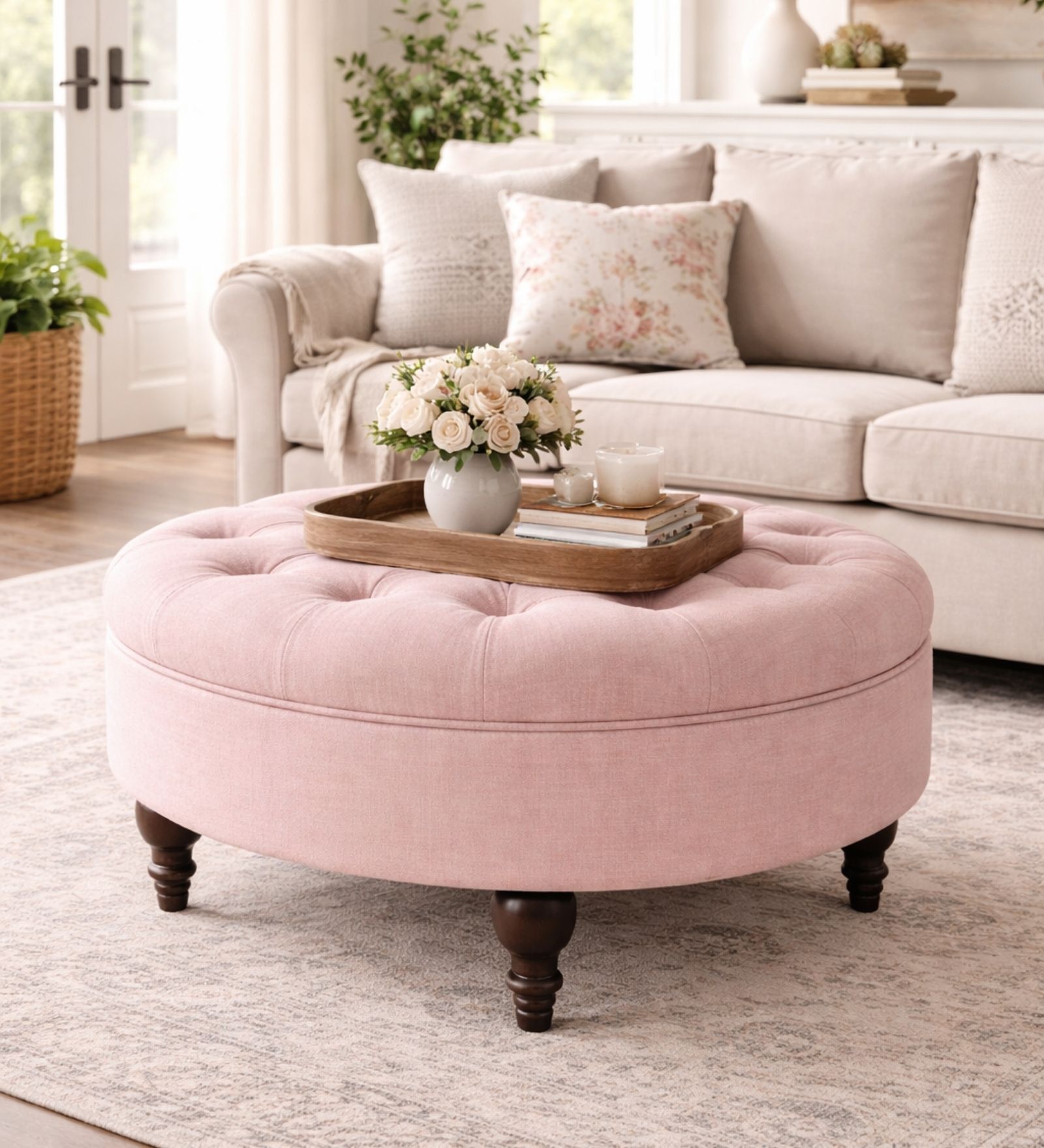 Floral Velvet Round Ottoman With Sagwan Wood Legs In Pink Colour Floral Velvet Round Ottoman With Sagwan Wood Legs In Pink Colour