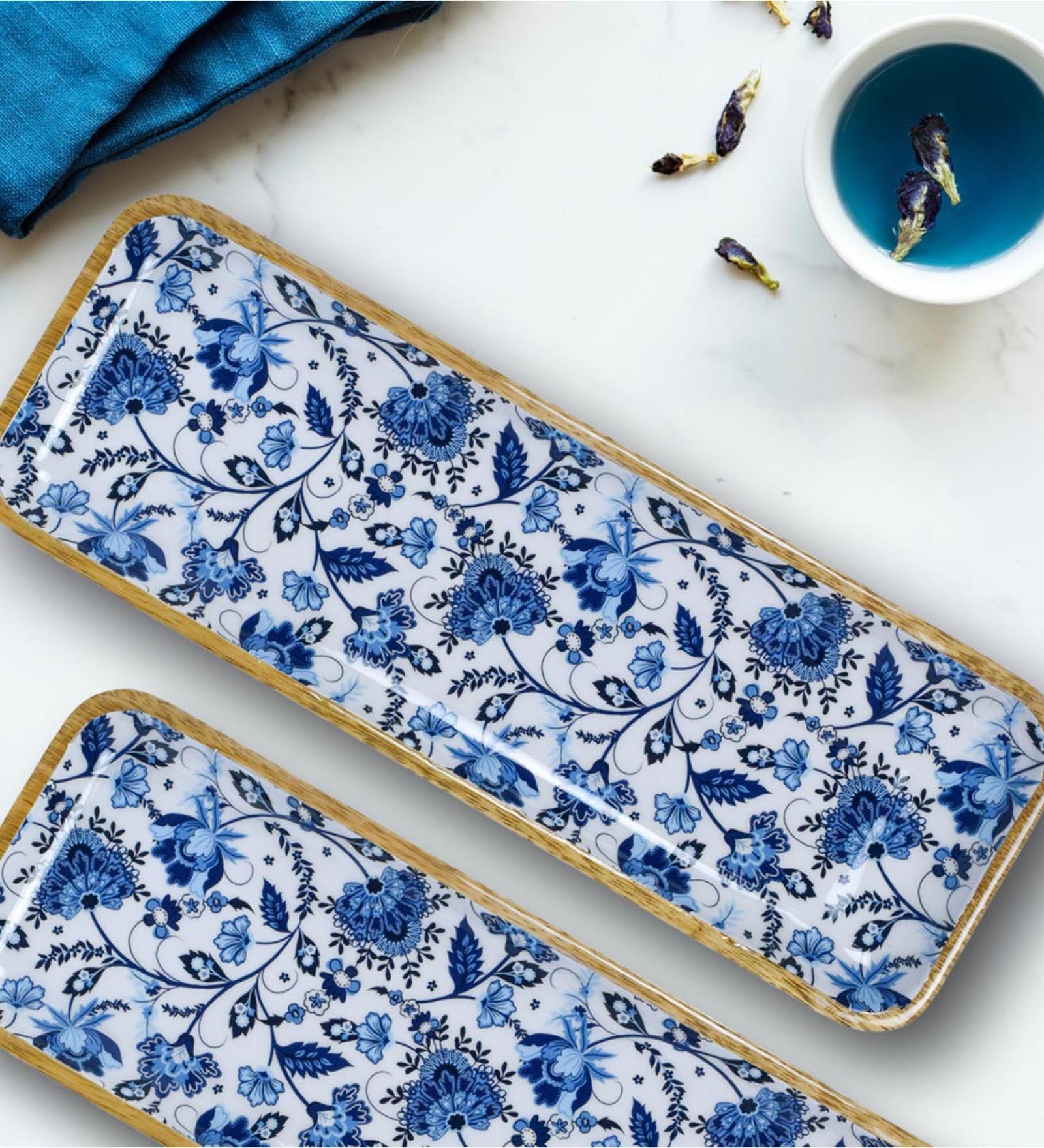 Floral Blue & White 13 Inch Solid Wood Appetizer Platter