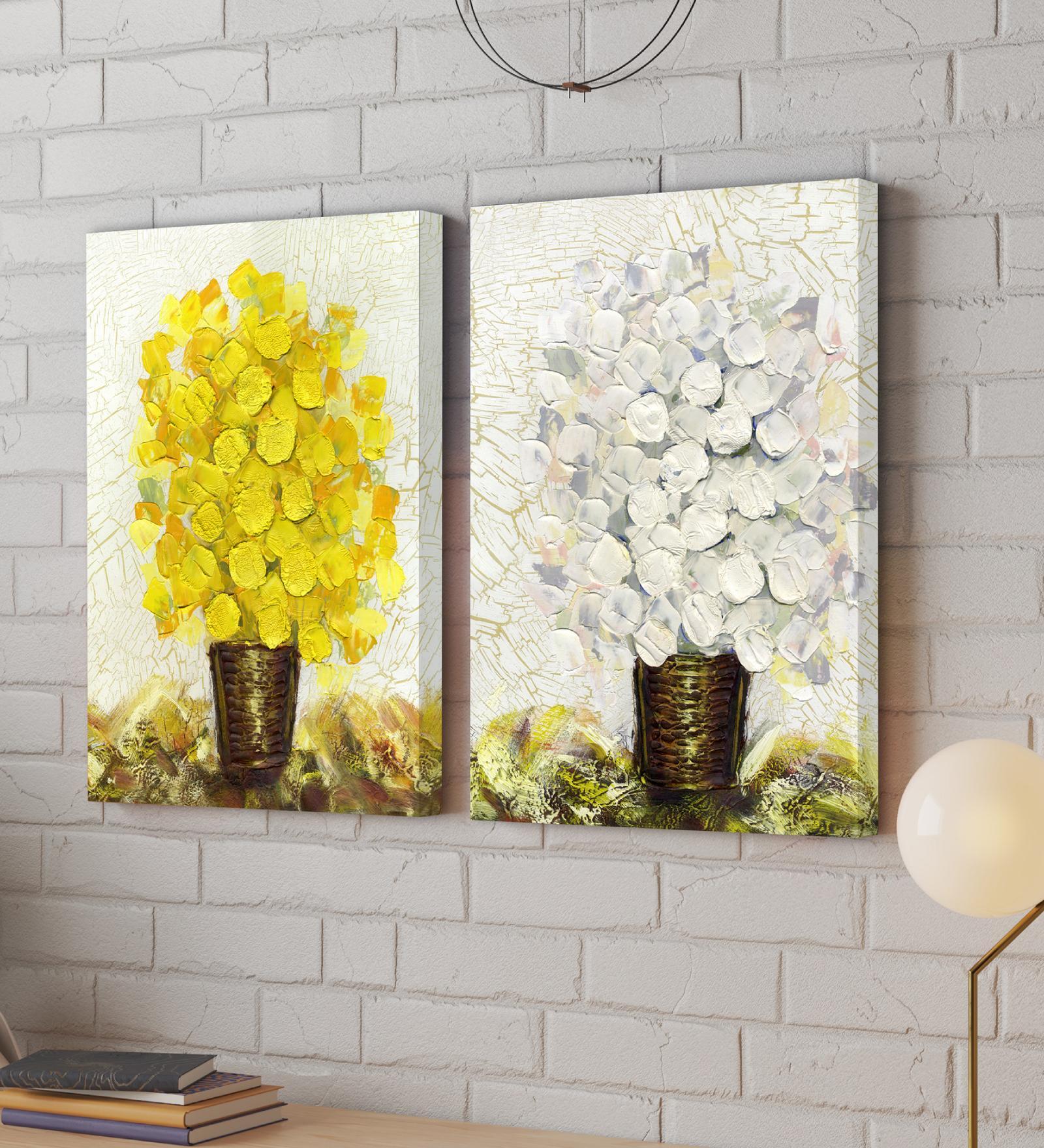 Floral White & Yellow Synthetic Wood (Set of 2) Art Prints
