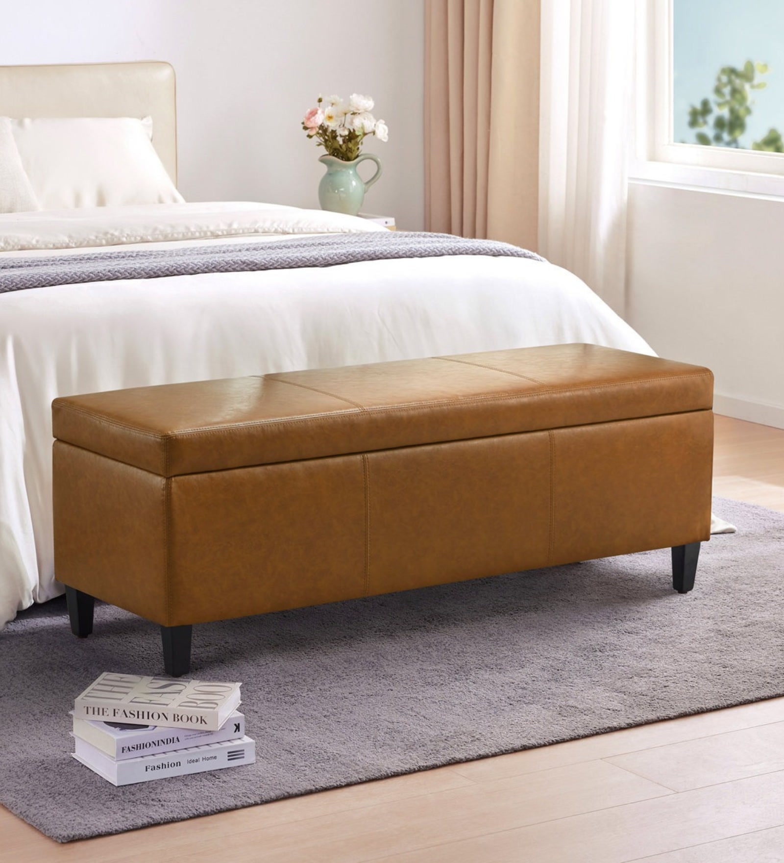 Florence Fabric Leathrette Storage Ottoman Ottoman in Camel Brown Colour Florence Fabric Leathrette Storage Ottoman Ottoman in Camel Brown Colour