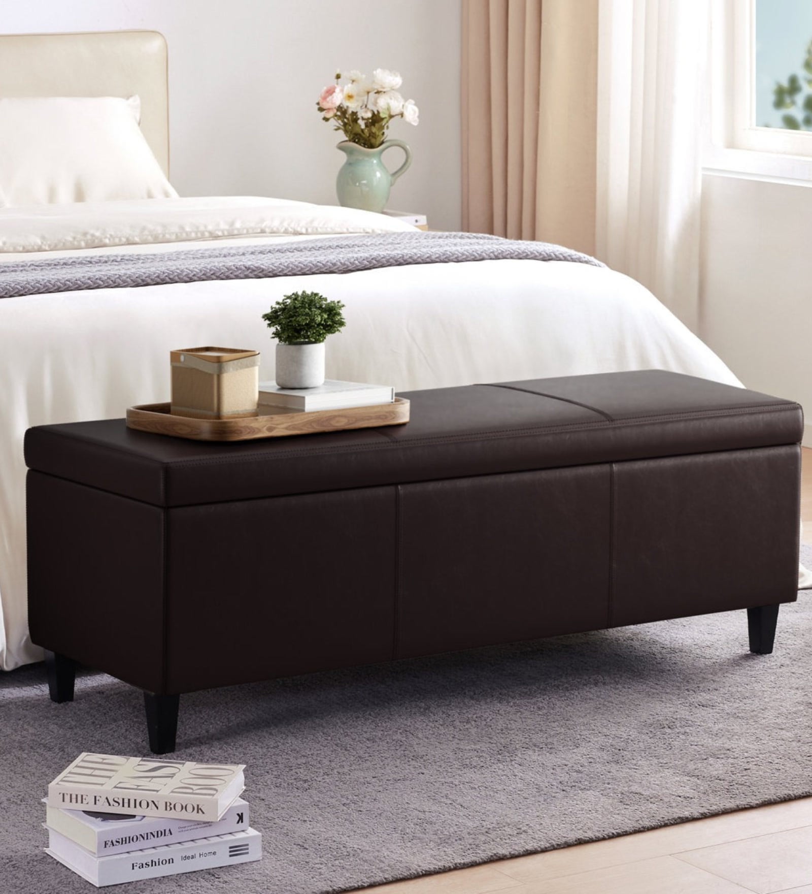 Florence Fabric Leathrette Storage Ottoman Ottoman in Dark Brown Colour