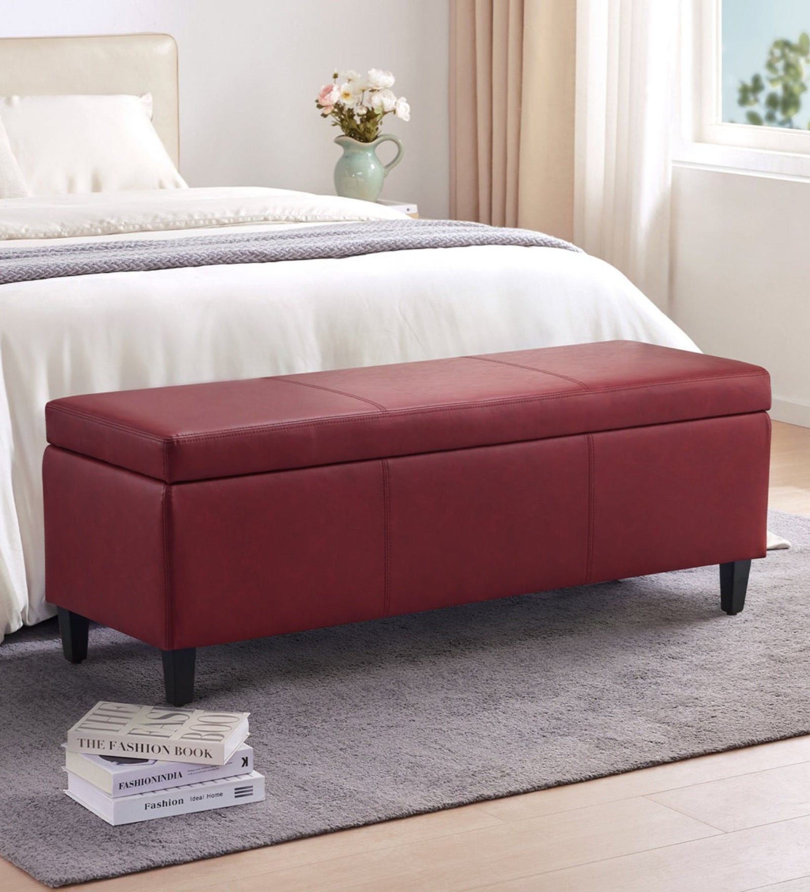 Florence Fabric Leathrette Storage Ottoman Ottoman in Red Burgundy Colour Florence Fabric Leathrette Storage Ottoman Ottoman in Red Burgundy Colour