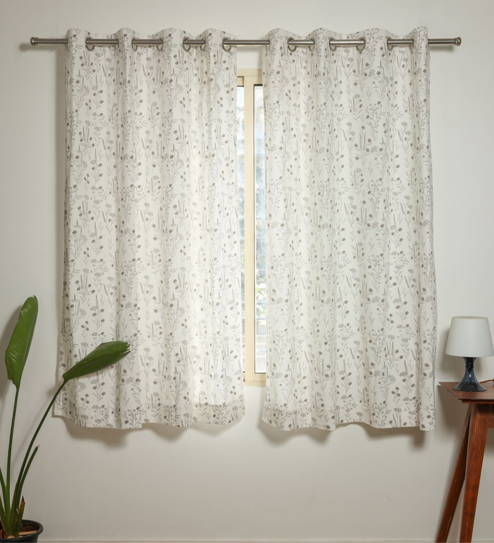 Florence Grey Cotton 230 GSM  Floral 5 Feet Room Darkening Eyelet Window Curtains (2 Pc)