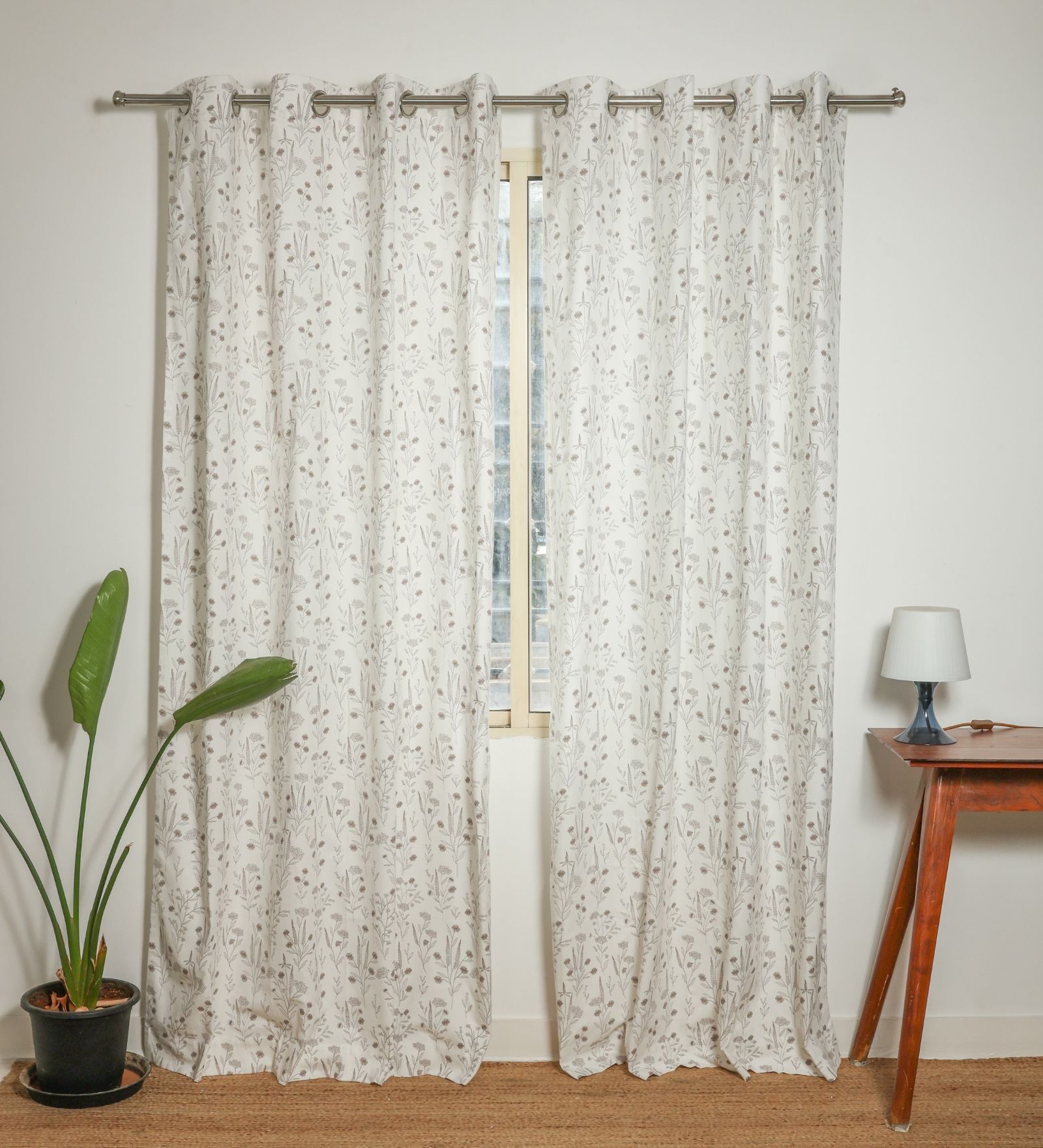 Florence Grey Cotton 230 GSM  Floral 9 Feet Room Darkening Eyelet Long Door Curtains (2 Pc)