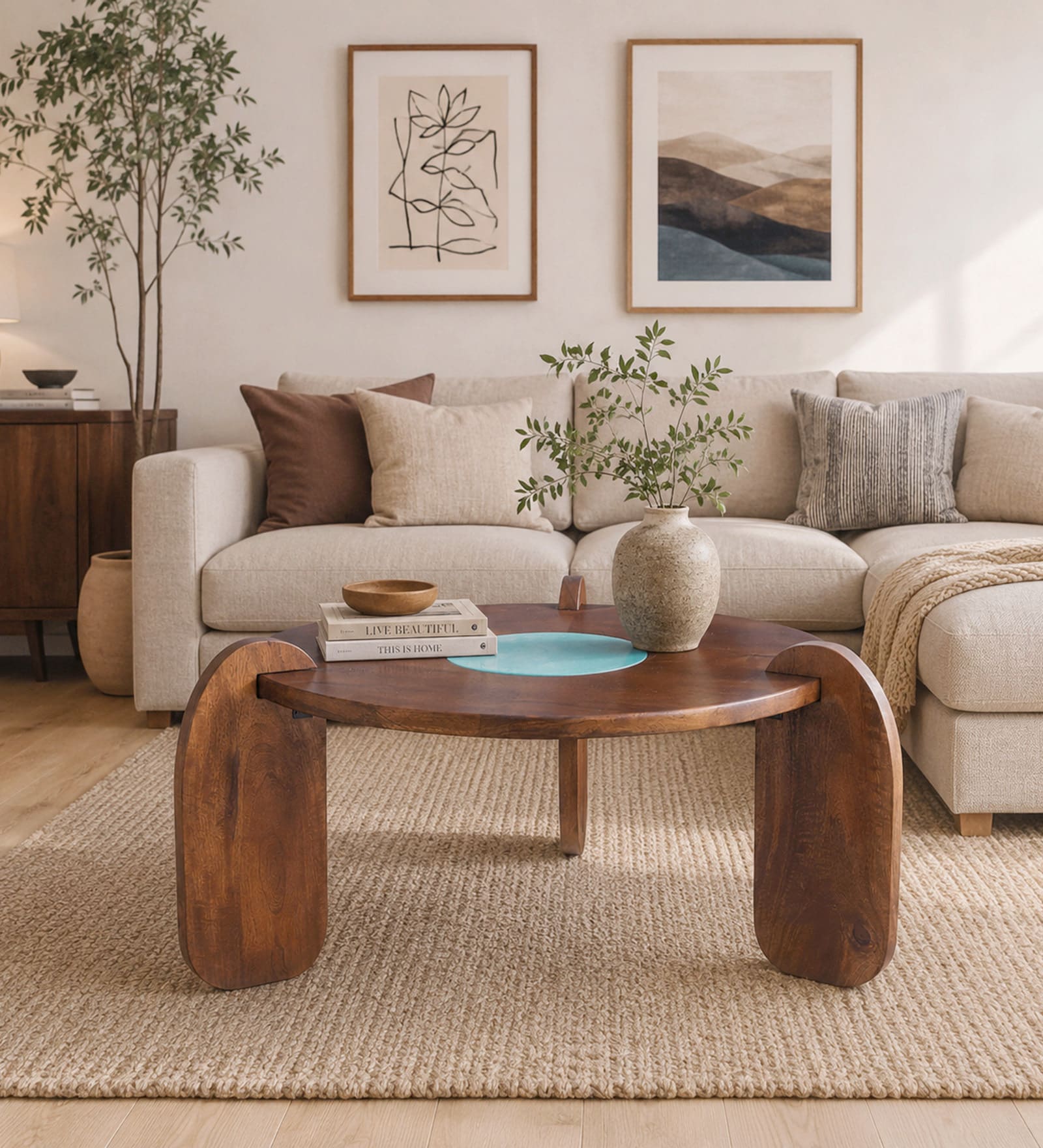 Florence Mango Wood Coffee Table In Tubbaq Finish With Leatherette Fabric Top