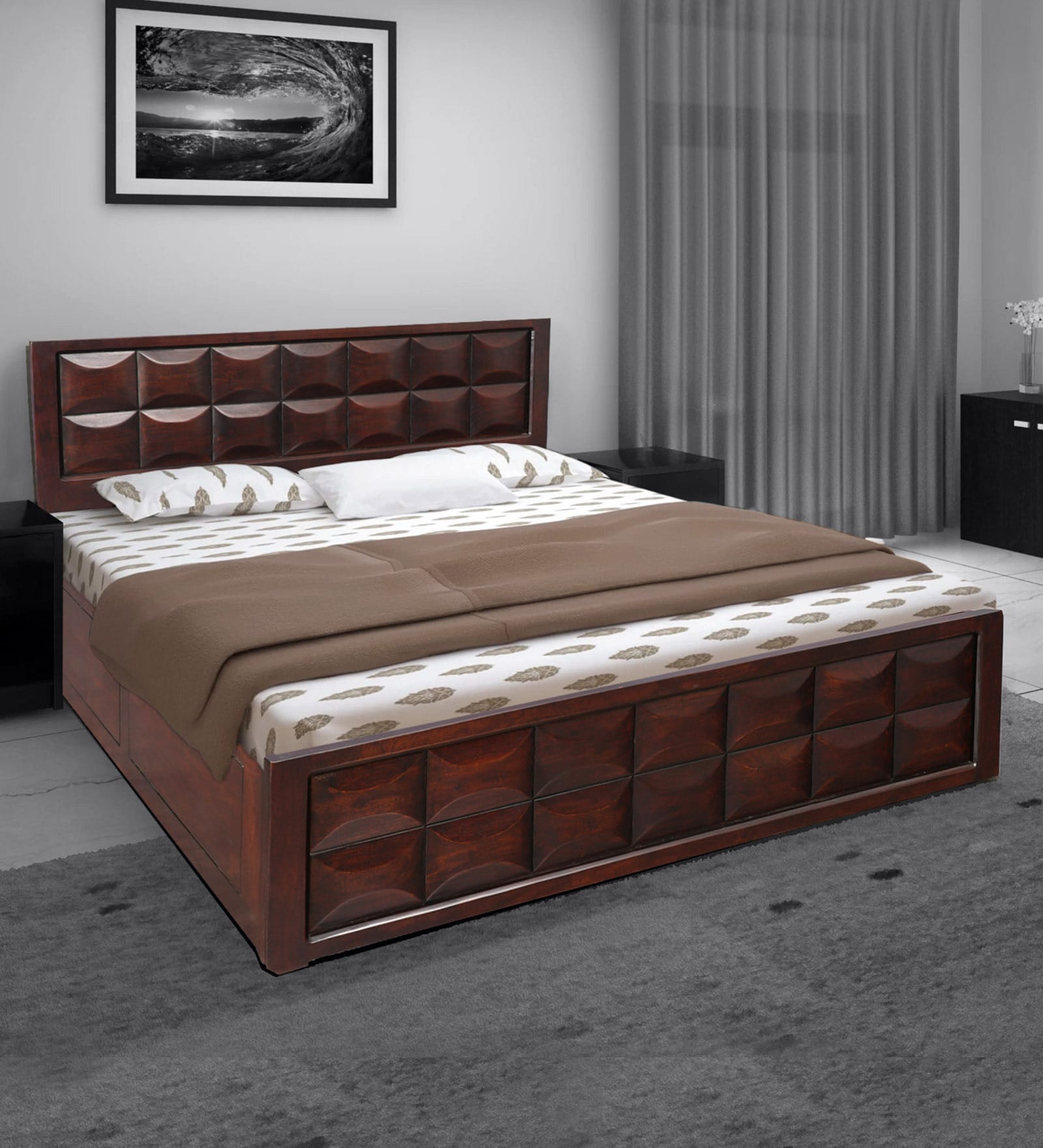 Florence Queen Size Bed with Storage in Walnut Finish