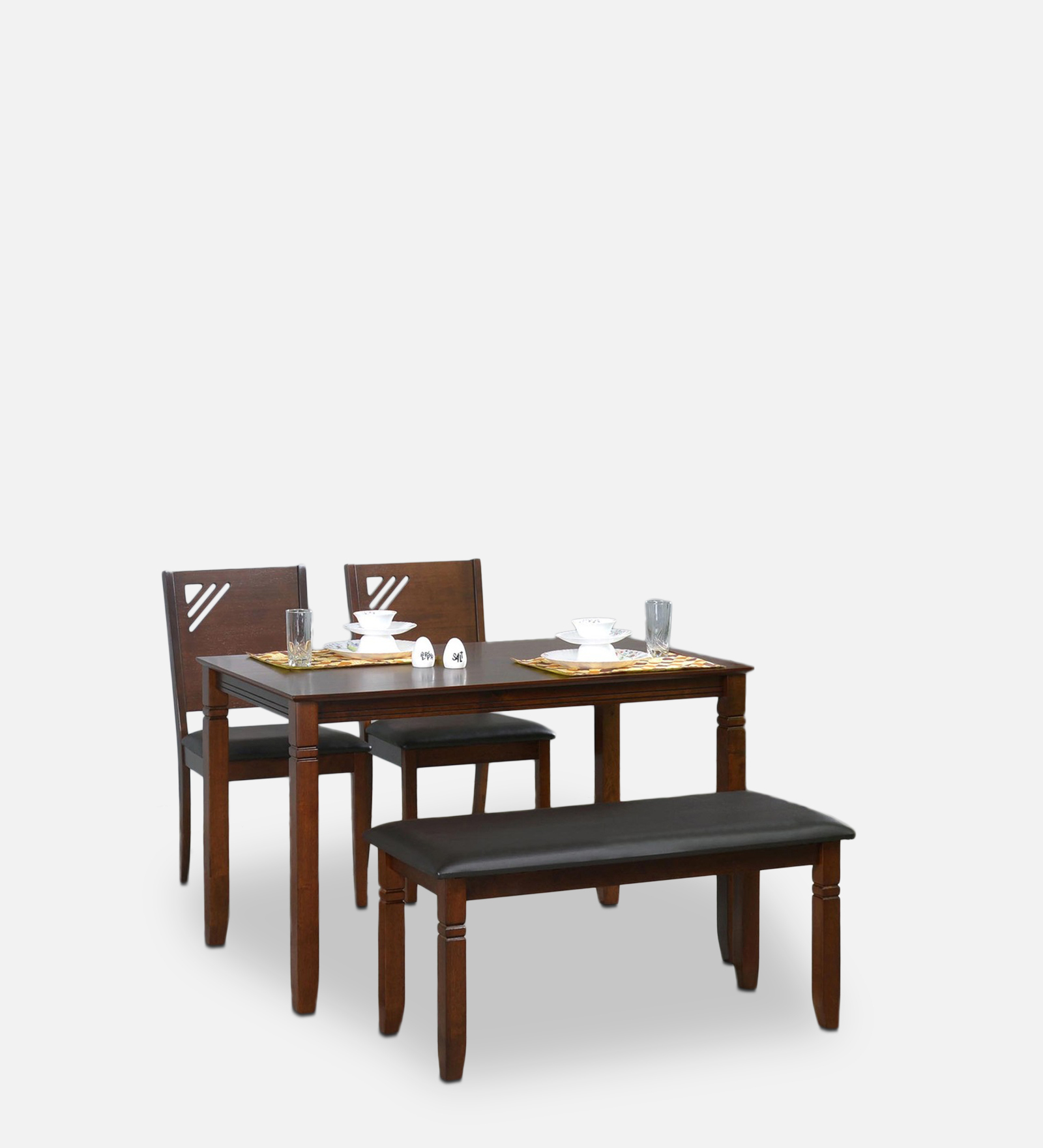 Floret 4 Seater Dining Set in Walnut Finish with Bench
