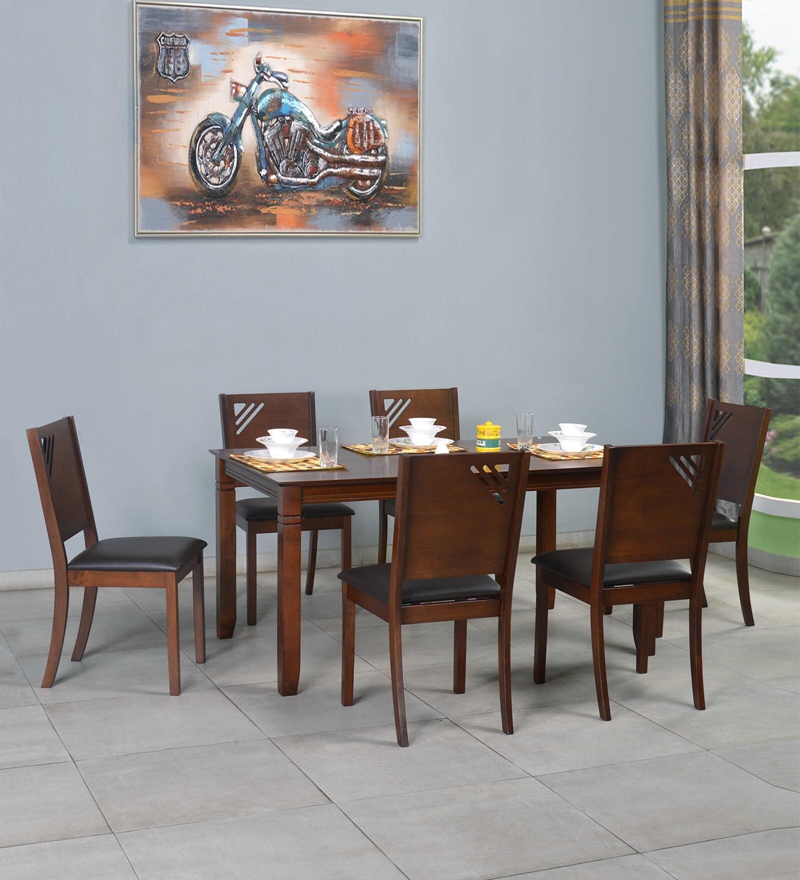 Floret 6 Seater Dining Set in Walnut Finish