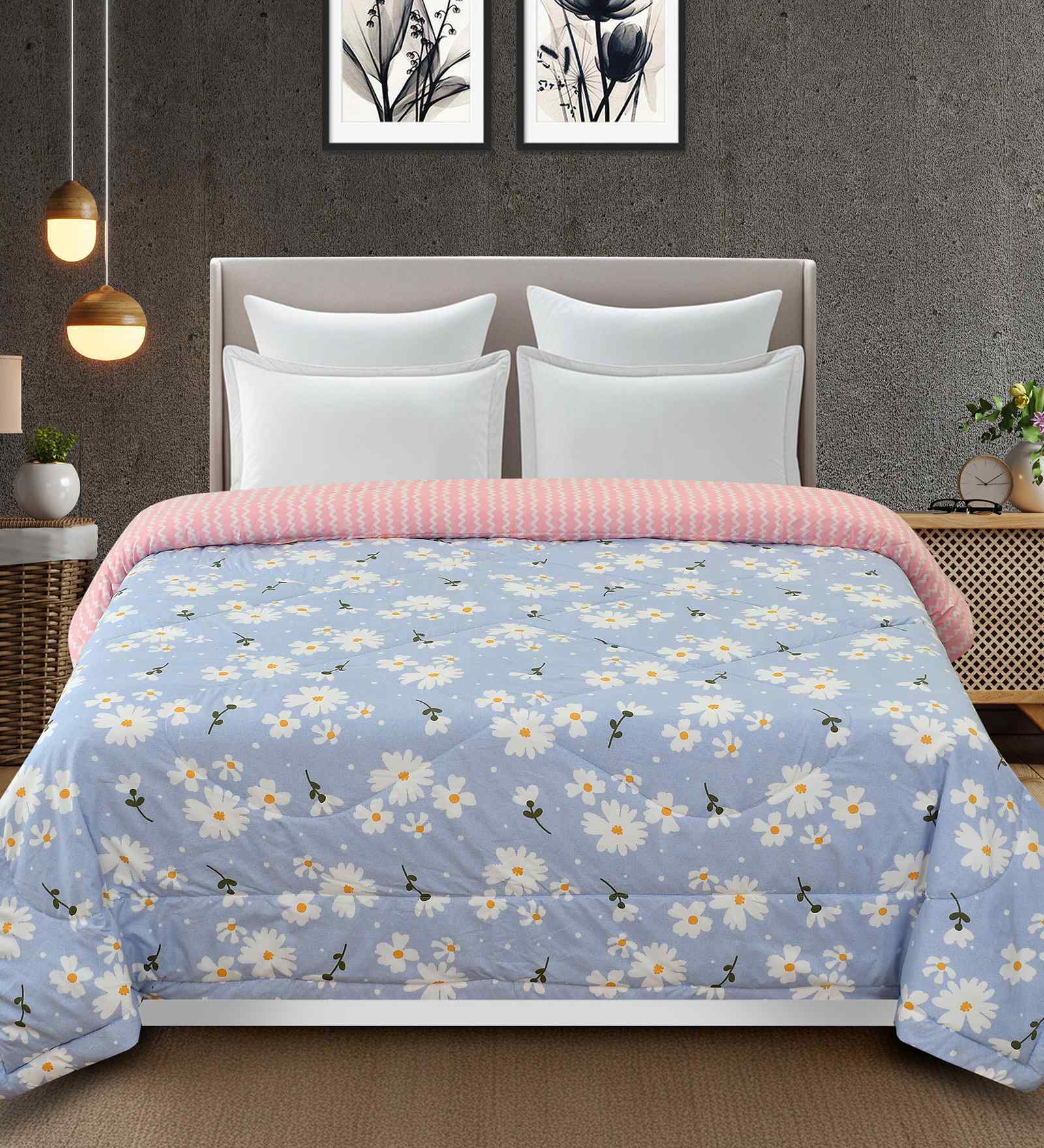 Florida 180 GSM Floral  Reversible All Season AC Comforter / Blanket / Quilt (Blue, 220x240 CM)