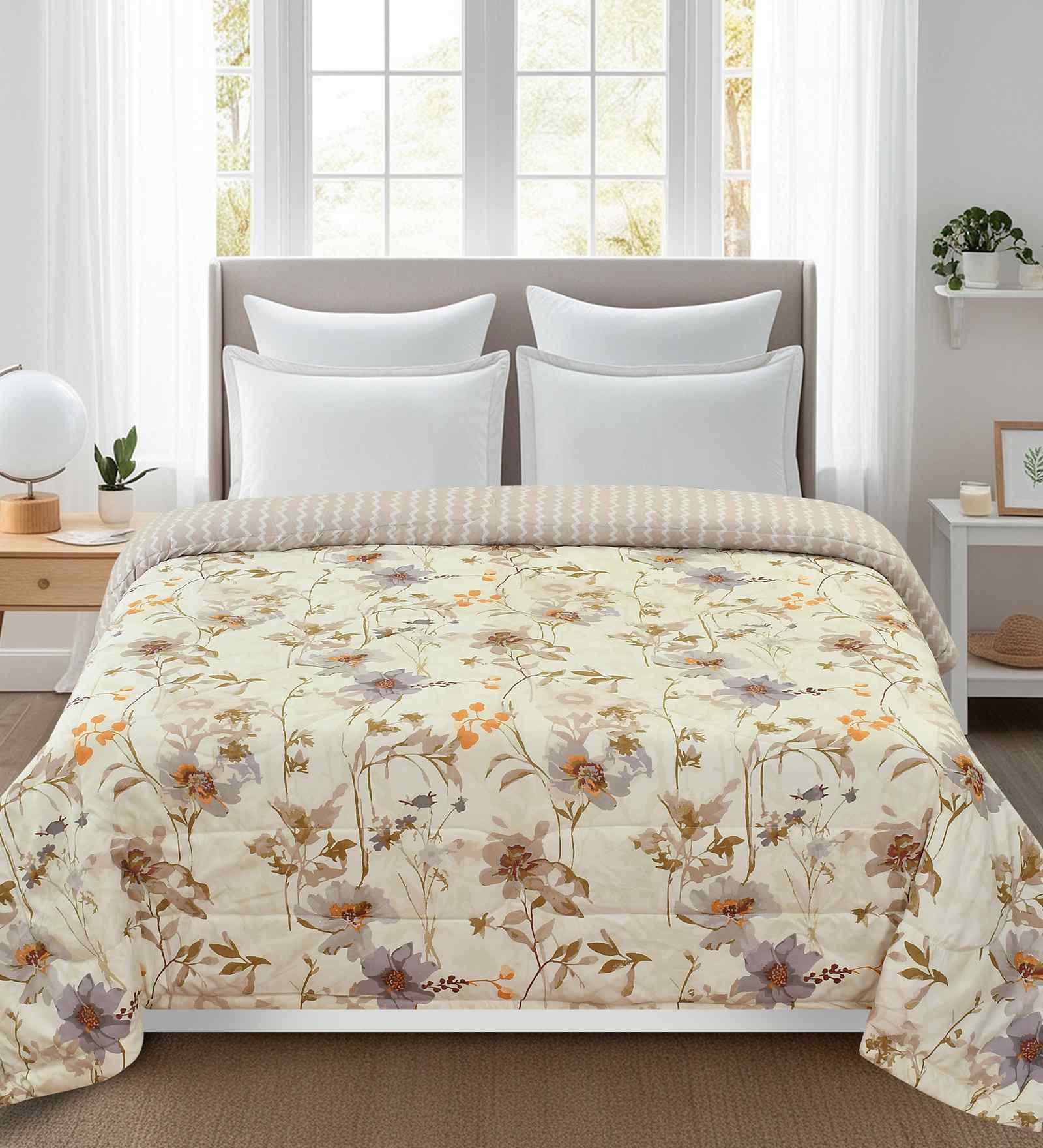 Florida 180 GSM Floral  Reversible All Season AC Comforter / Blanket / Quilt (Ivory, 220x240 CM)