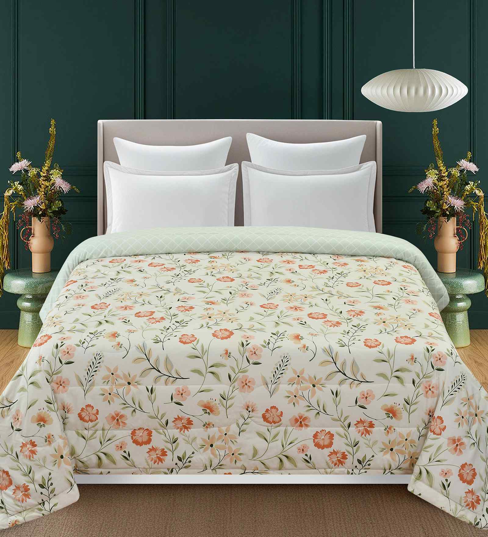 Florida 180 GSM Floral  Reversible All Season AC Comforter / Blanket / Quilt (Off White, 220x240 CM)