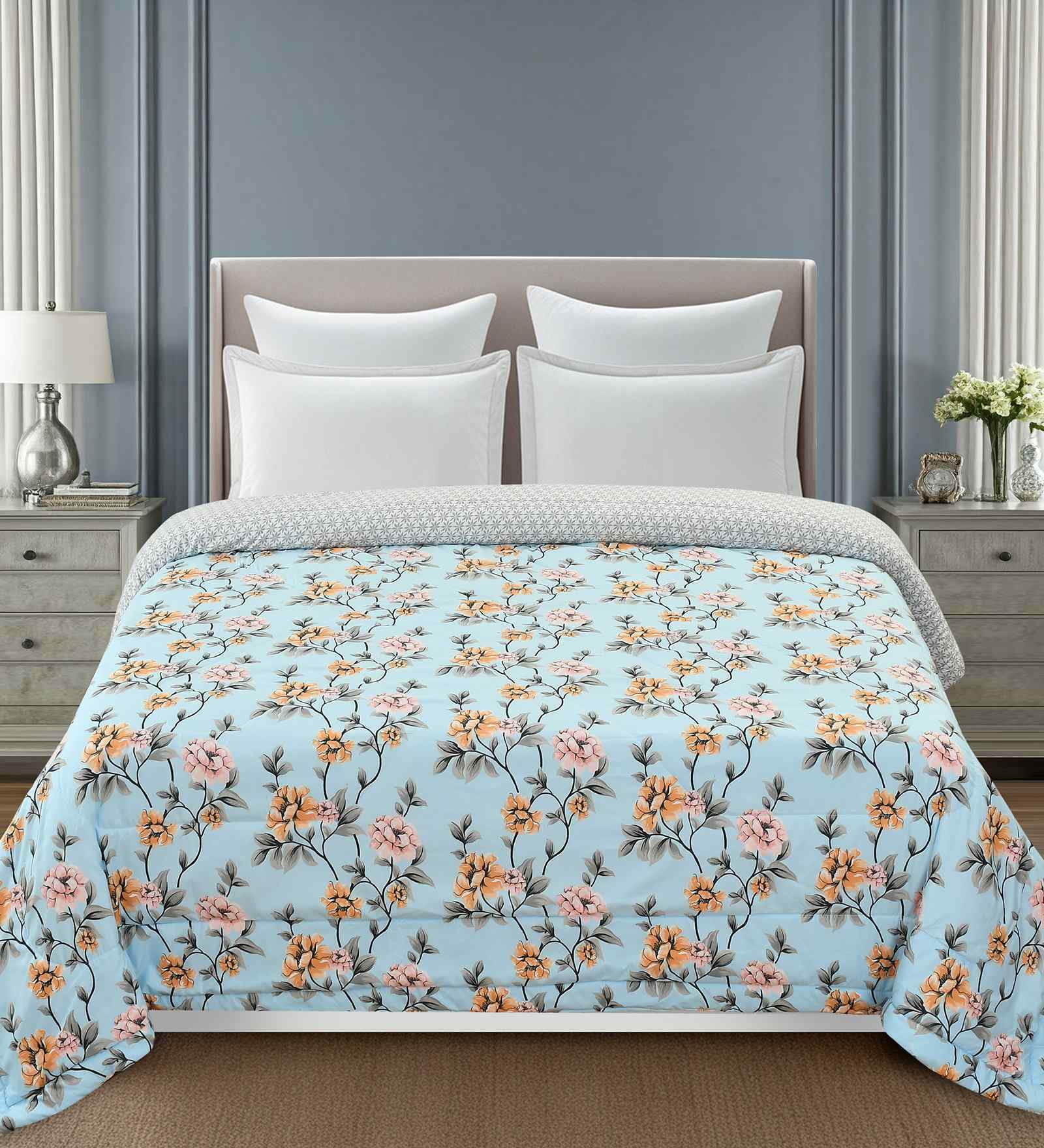 Florida 180 GSM Floral  Reversible All Season AC Comforter / Blanket / Quilt (Sky Blue, 220x240 CM)