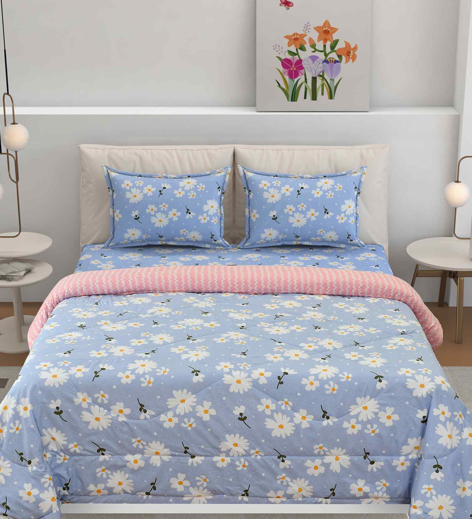 Florida Floral AC Comforter with King Bedsheet & 2 Pillow Covers | All Season | Reversible | Soft & Fluffy (Blue, 220x240 CM)
