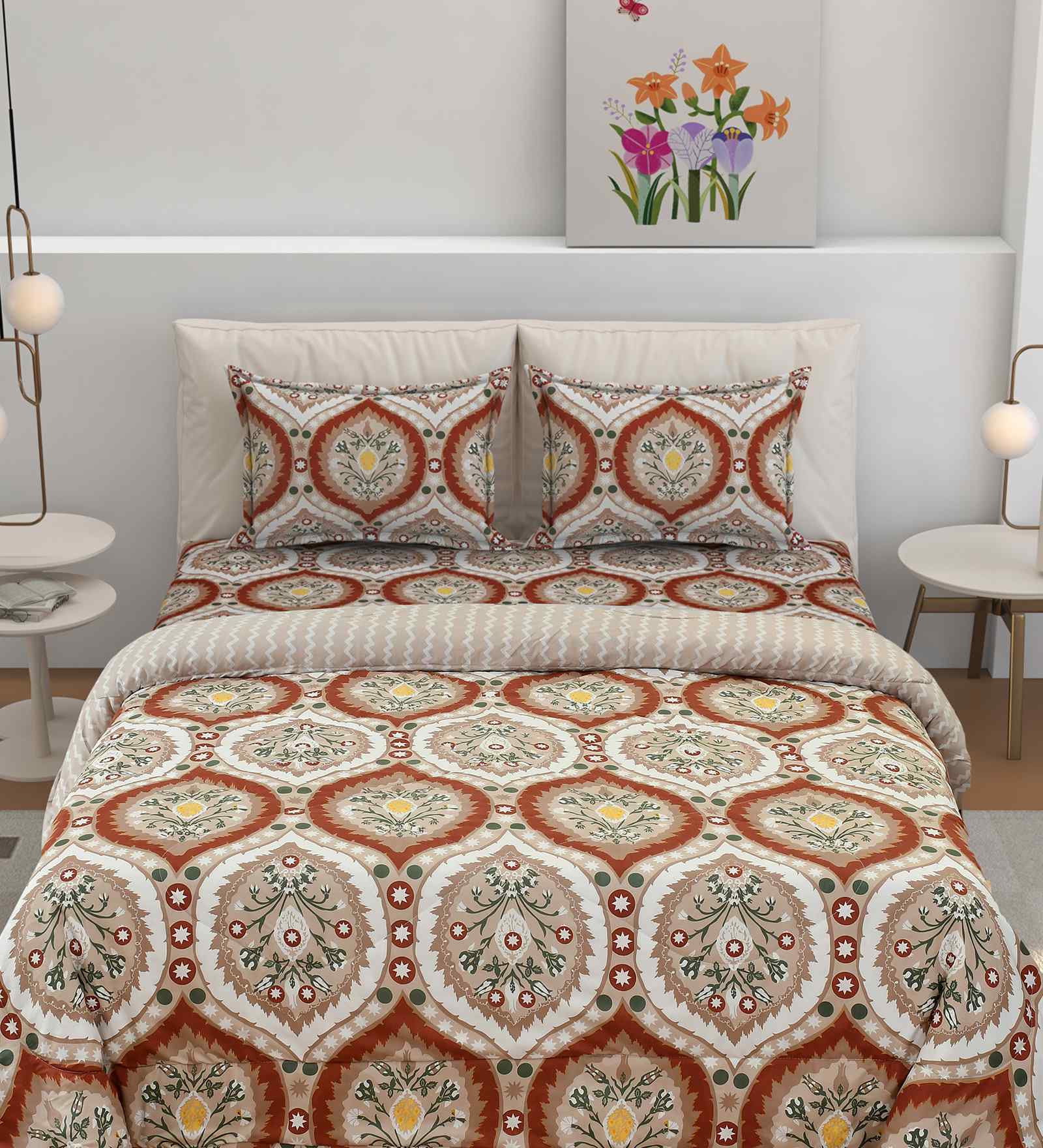 Florida Floral AC Comforter with King Bedsheet & 2 Pillow Covers | All Season | Reversible | Soft & Fluffy (Orange, 220x240 CM)
