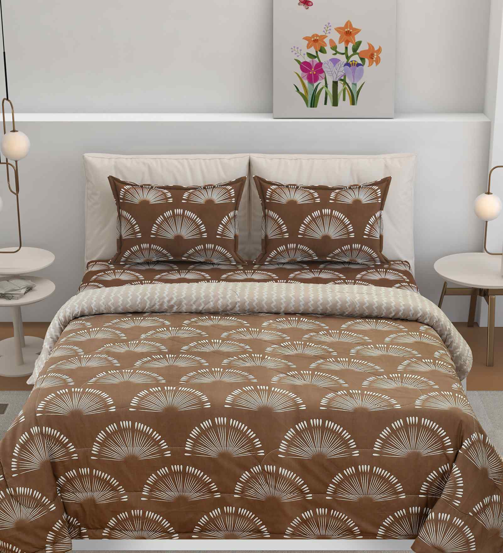 Florida Floral AC Comforter with King Bedsheet & 2 Pillow Covers | All Season | Reversible | Soft & Fluffy (Brown, 220x240 CM)