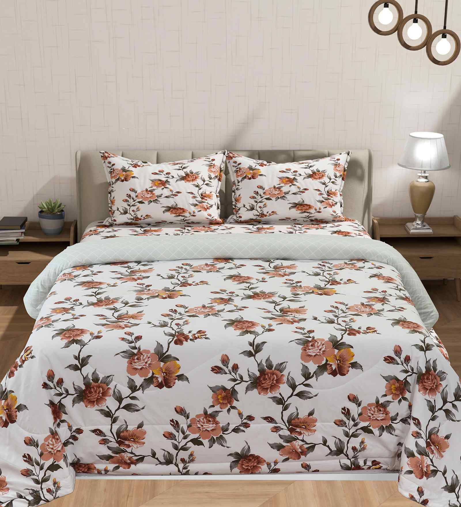 Florida Floral AC Comforter with King Bedsheet & 2 Pillow Covers | All Season | Reversible | Soft & Fluffy (Cream, 220x240 CM)