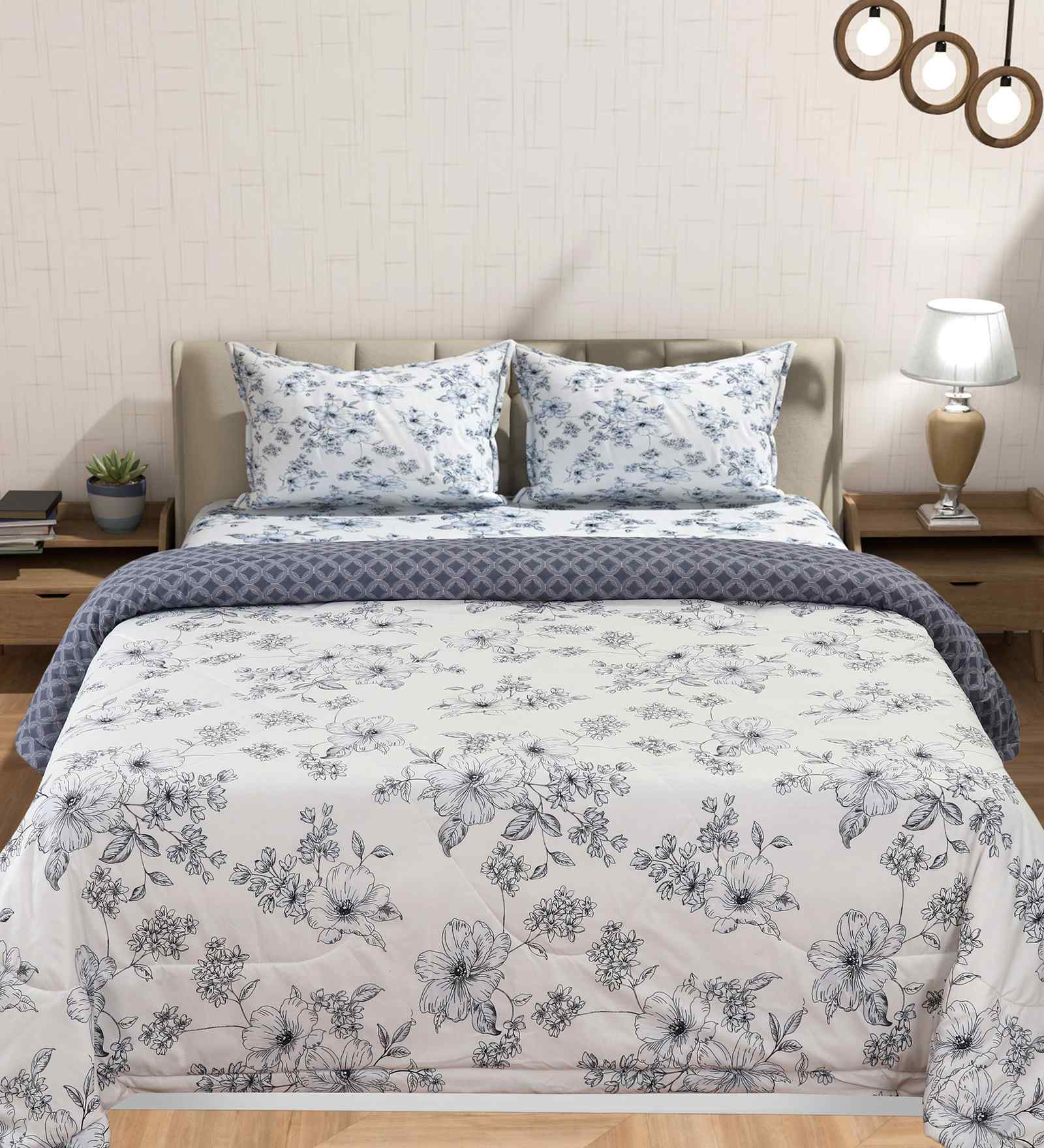 Florida Floral AC Comforter with King Bedsheet & 2 Pillow Covers | All Season | Reversible | Soft & Fluffy (Pearl, 220x240 CM)