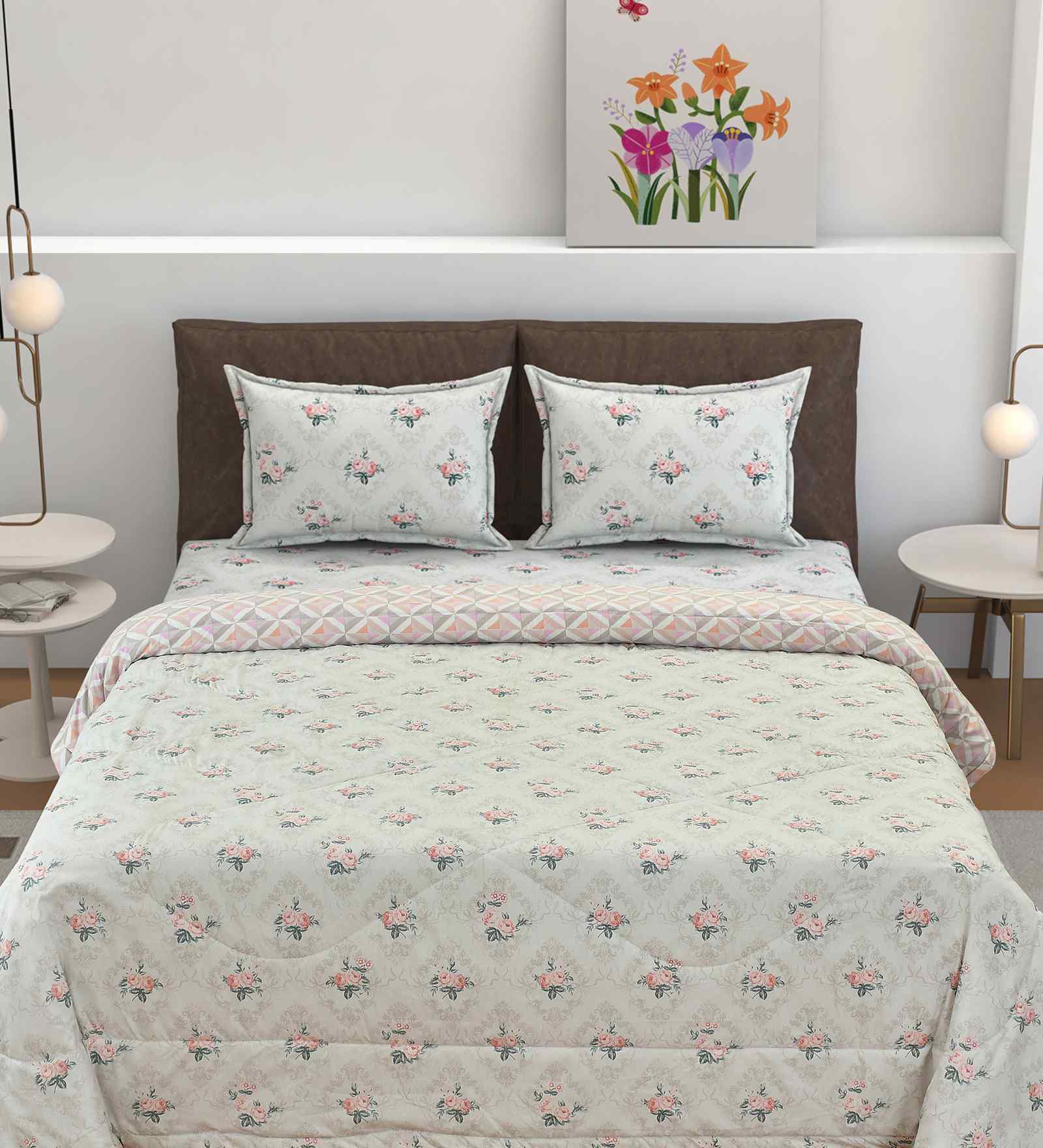 Florida Floral AC Comforter with King Bedsheet & 2 Pillow Covers | All Season | Reversible | Soft & Fluffy (Pink, 220x240 CM)
