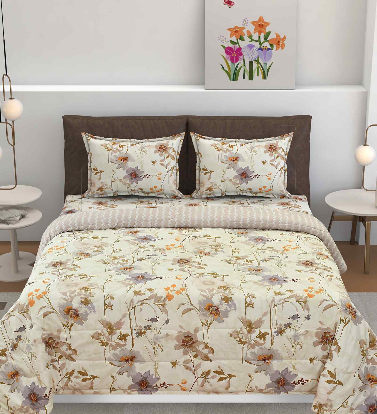 Florida Floral AC Comforter with King Bedsheet & 2 Pillow Covers | All Season | Reversible | Soft & Fluffy (Ivory, 220x240 CM)