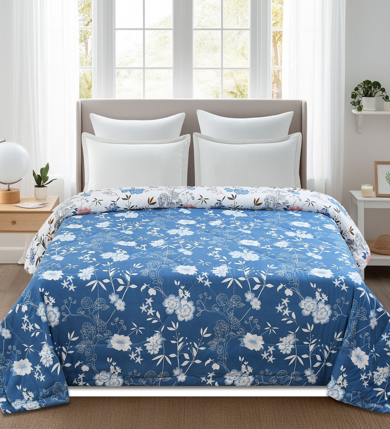 Blue Printed Microfiber Reversible 180 GSM Double Bed AC Comforter