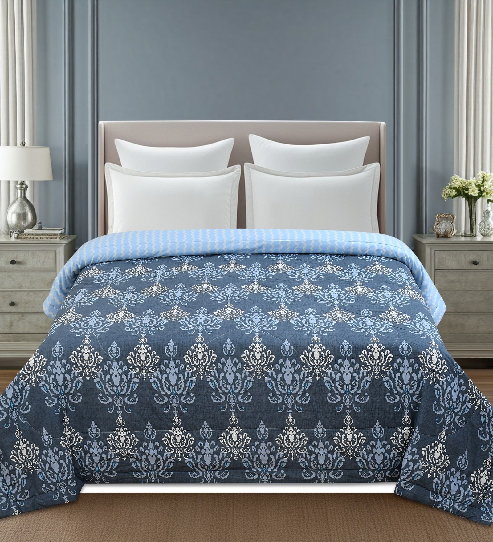 Navy Blue Printed Microfiber Reversible 180 GSM Double Bed AC Comforter