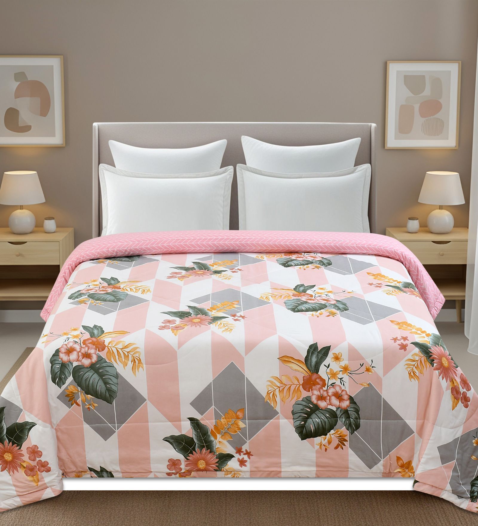 Peach Printed Microfiber Reversible 180 GSM Double Bed AC Comforter