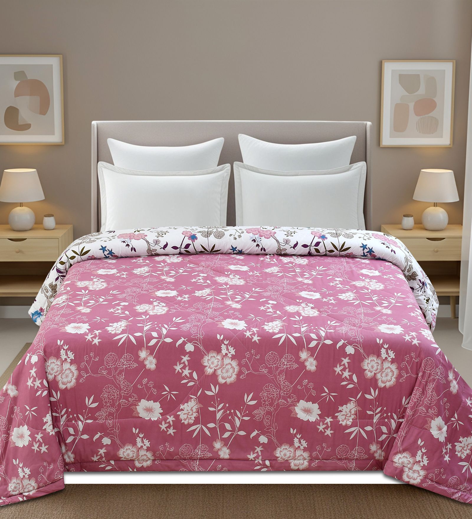 Pink Printed Microfiber Reversible 180 GSM Double Bed AC Comforter