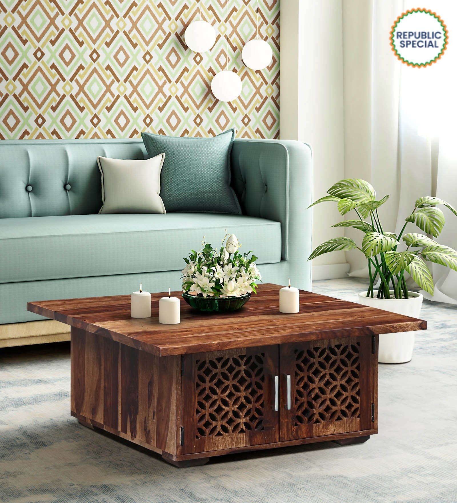 Florito Sheesham Wood Coffee Table in Rustic Teak Finish