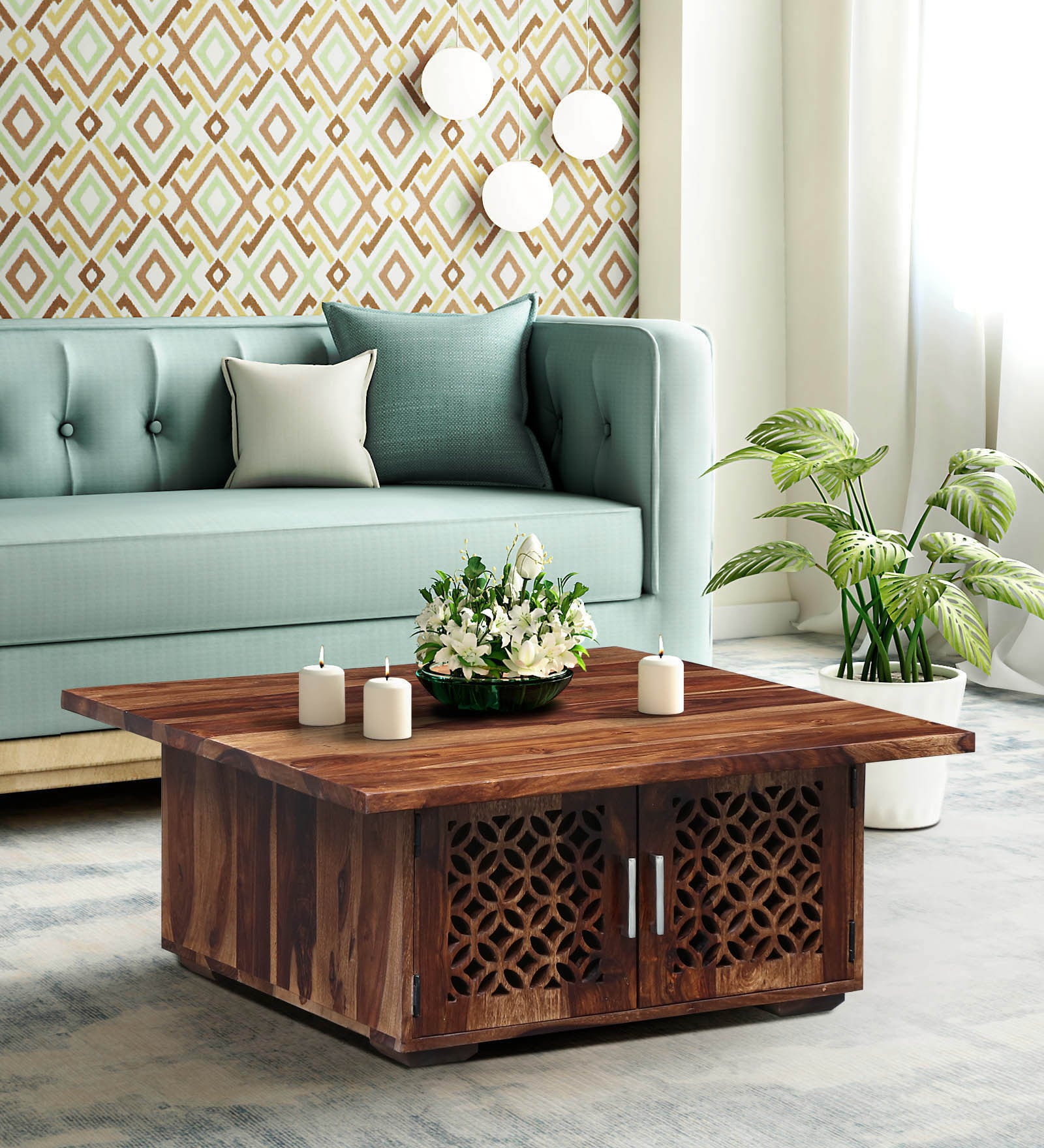 Florito Sheesham Wood Coffee Table in Rustic Teak Finish