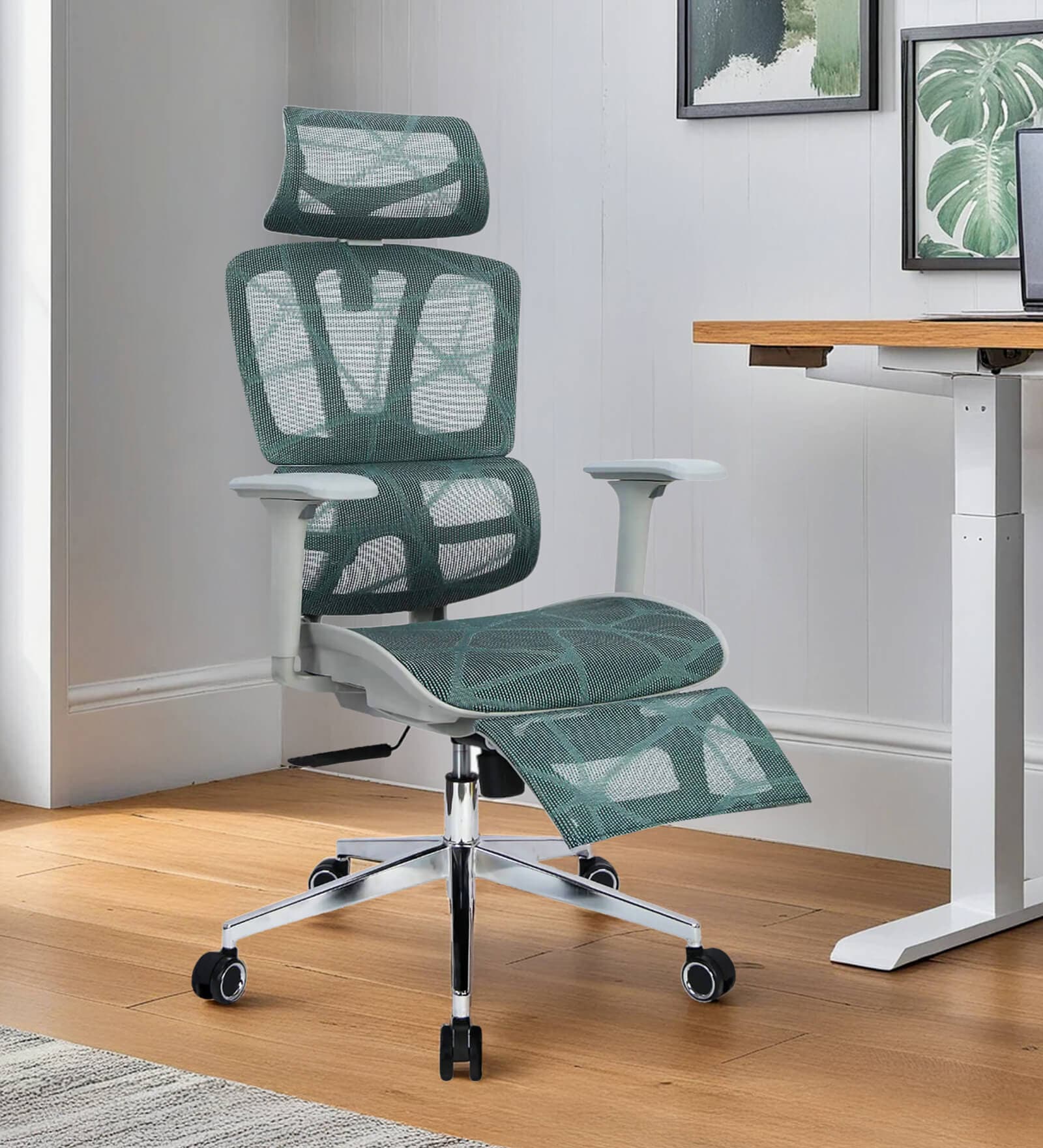 Floro Breathable Mesh Ergonomic Chair in Grey Colour with Footrest