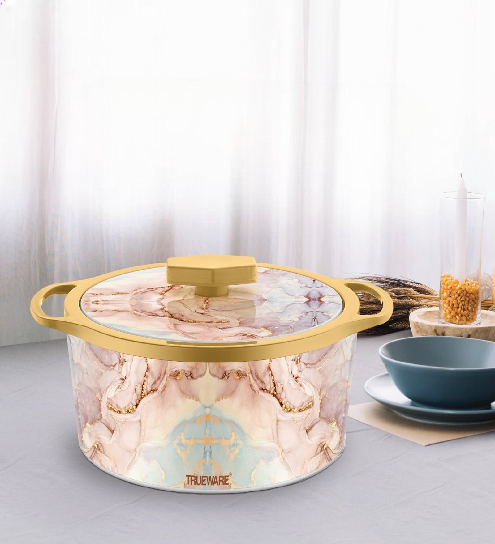 Florra Blue Gold Plastic & Steel thermoware 1500ML Casserole