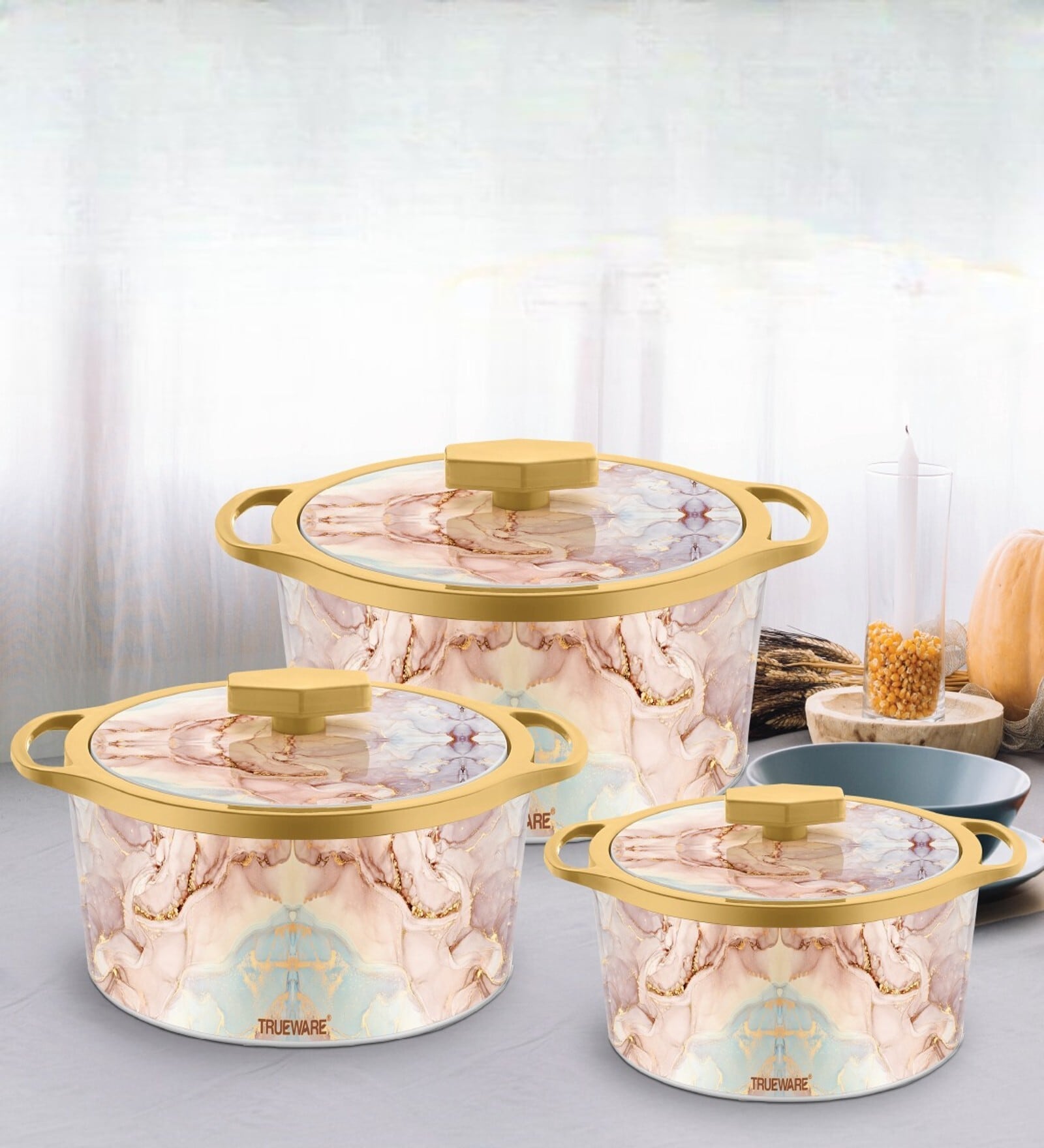 Florra Blue Gold Plastic & Steel Thermoware Casserole (Set of 3)
