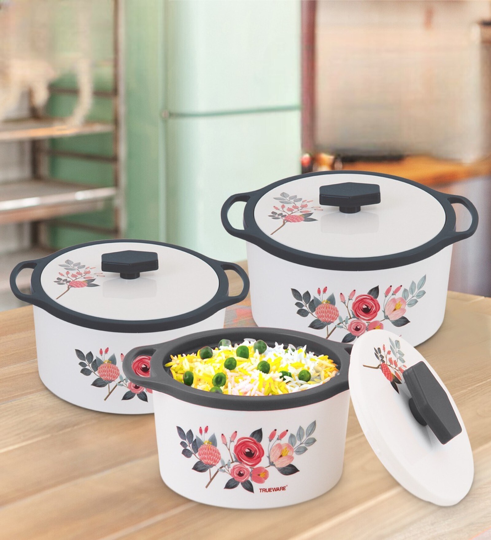 Florra Blue Plastic & Steel Thermoware Casserole (Set of 3)