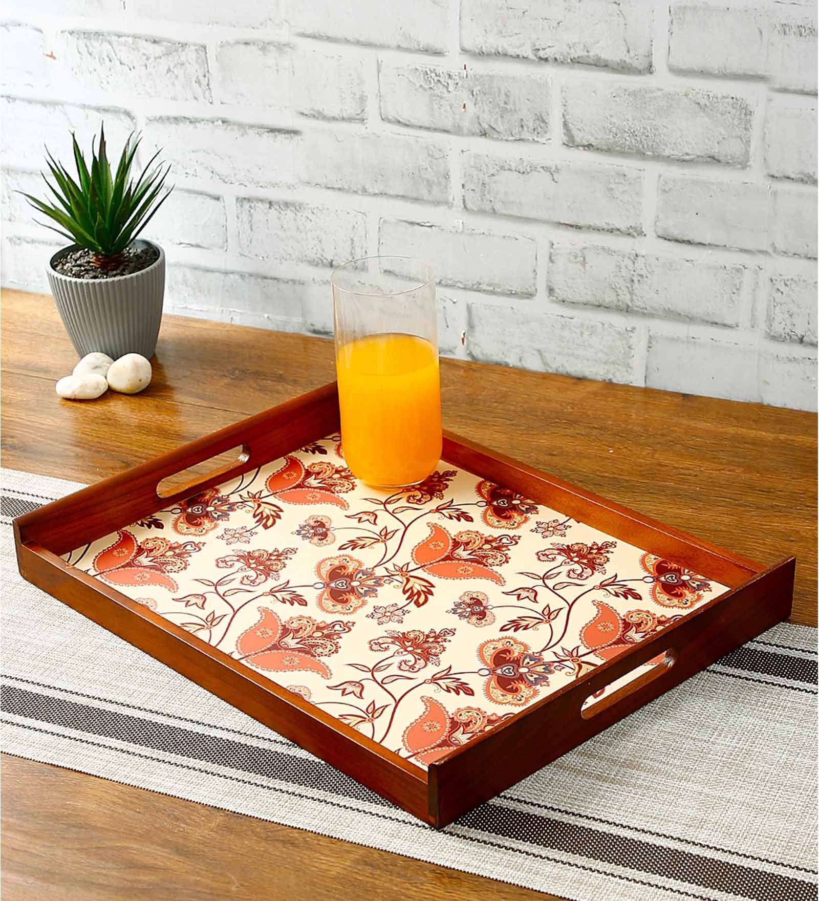 Flourish Tiled Brown Teak Wood & MDF Serving Tray Reinvention factory