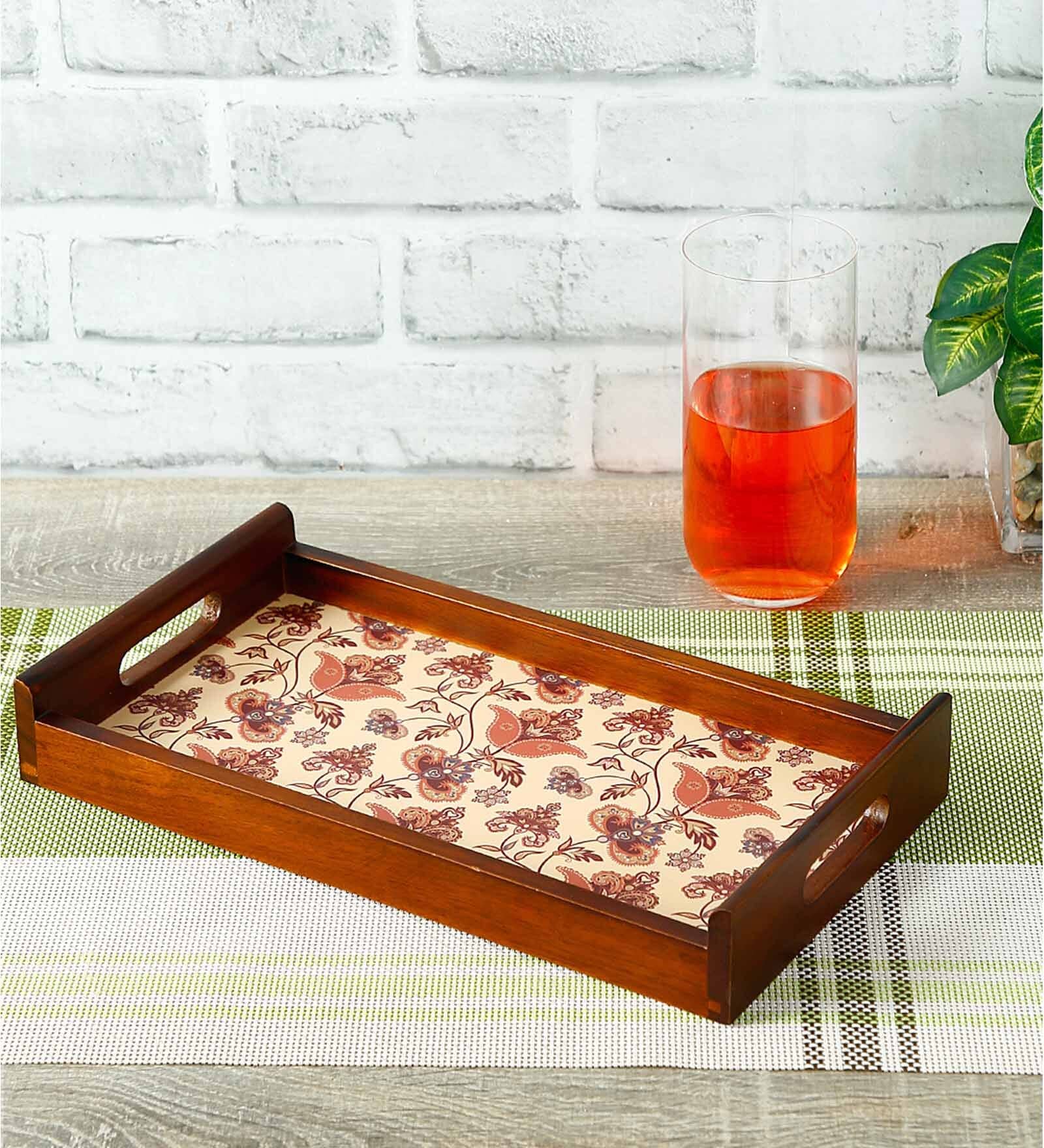 Flourish Tiled Brown Teak Wood & MDF Serving Tray Reinvention factory