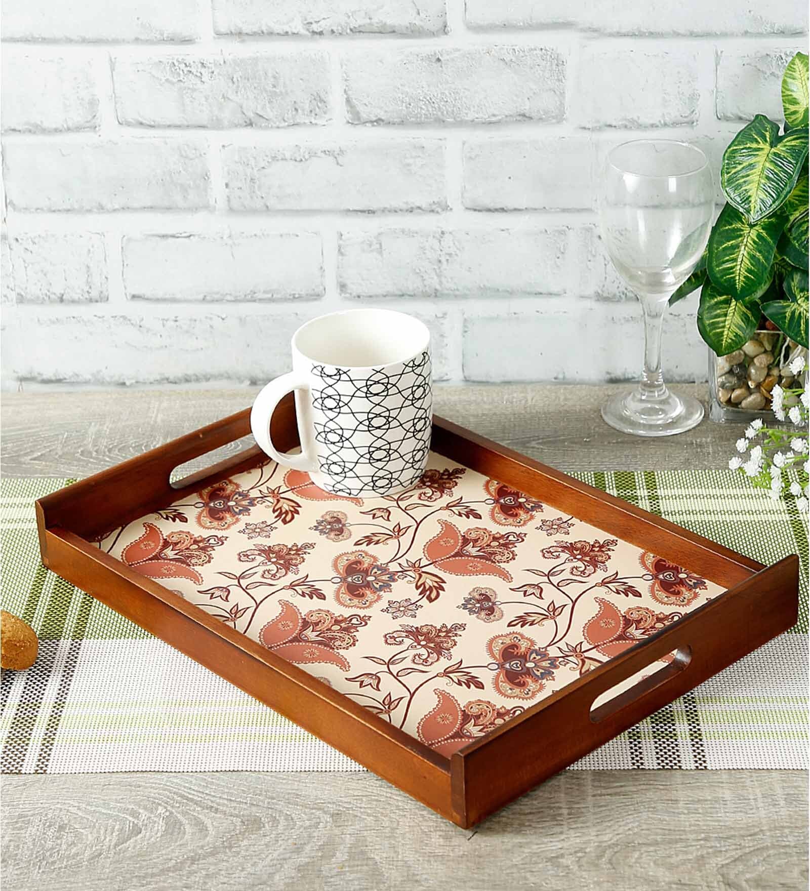 Flourish Tiled Brown Teak Wood & MDF Serving Tray Reinvention factory