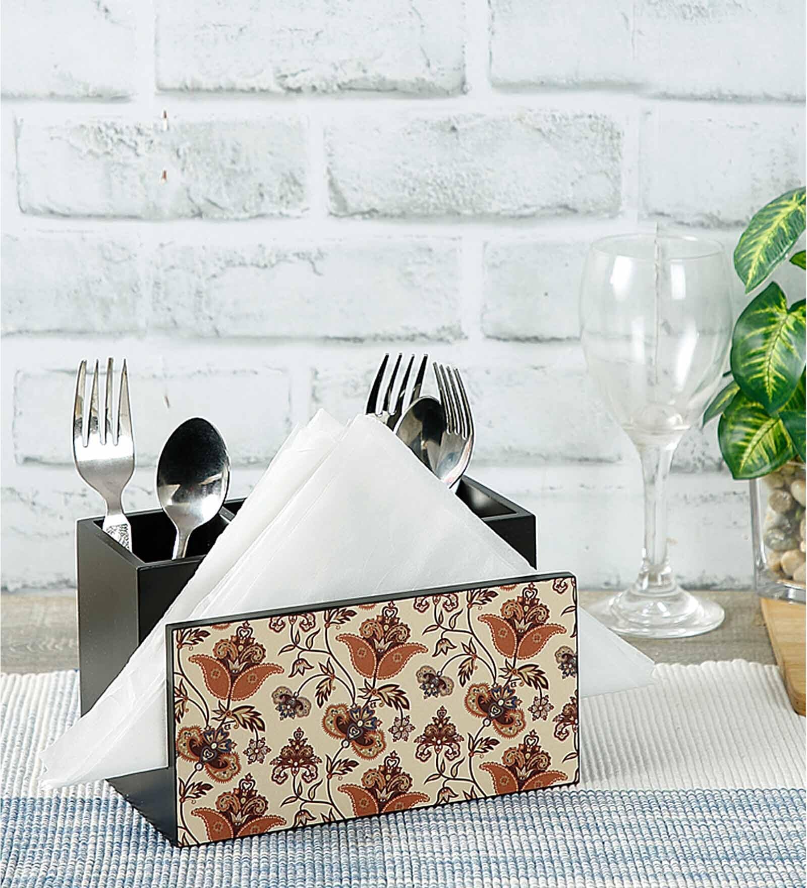 Flourish Tiled Multicolor MDF Cutlery and Tissue Holder