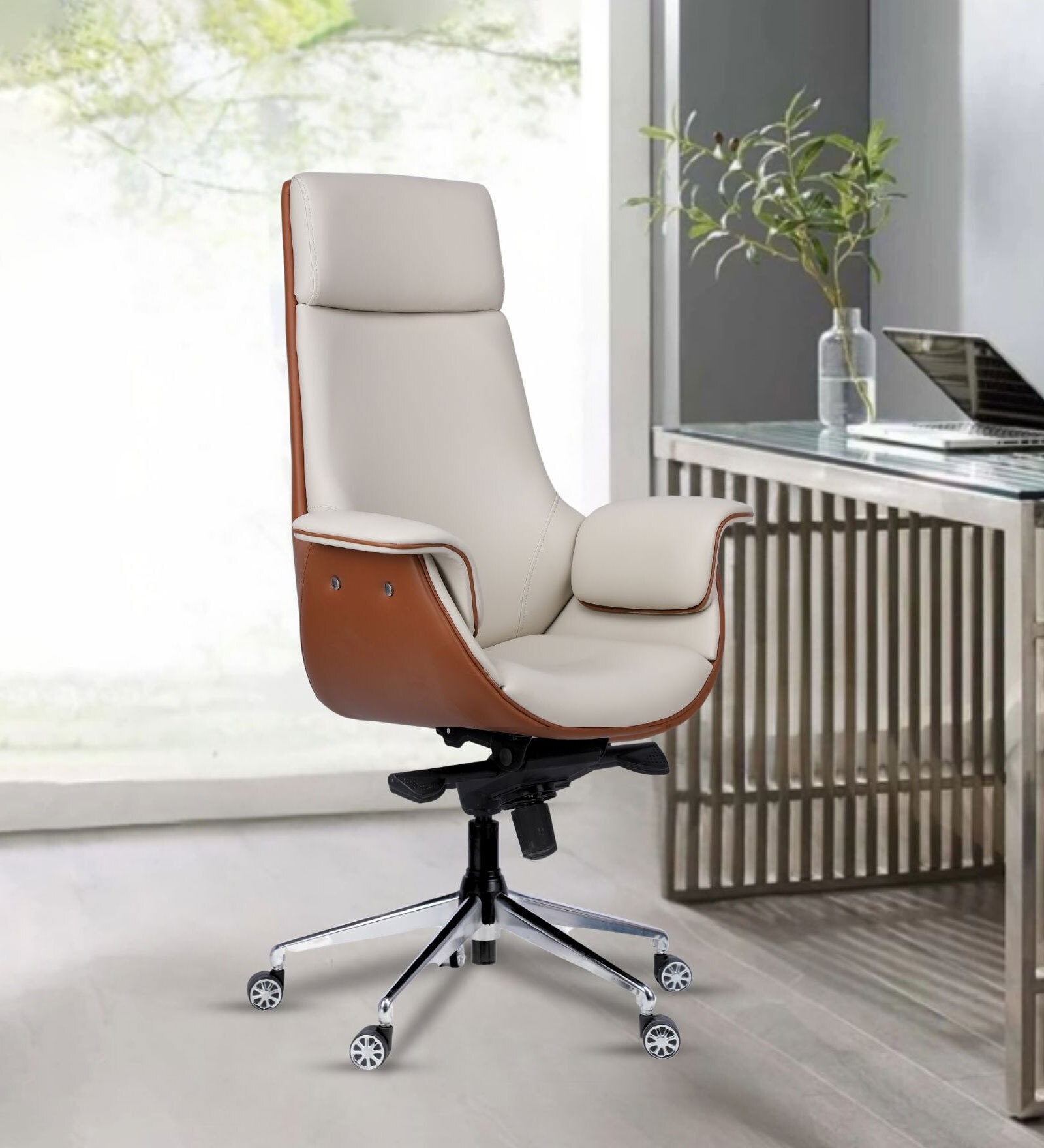 Flow Leatherette High Back Office Chair in Cream and Tan Colour