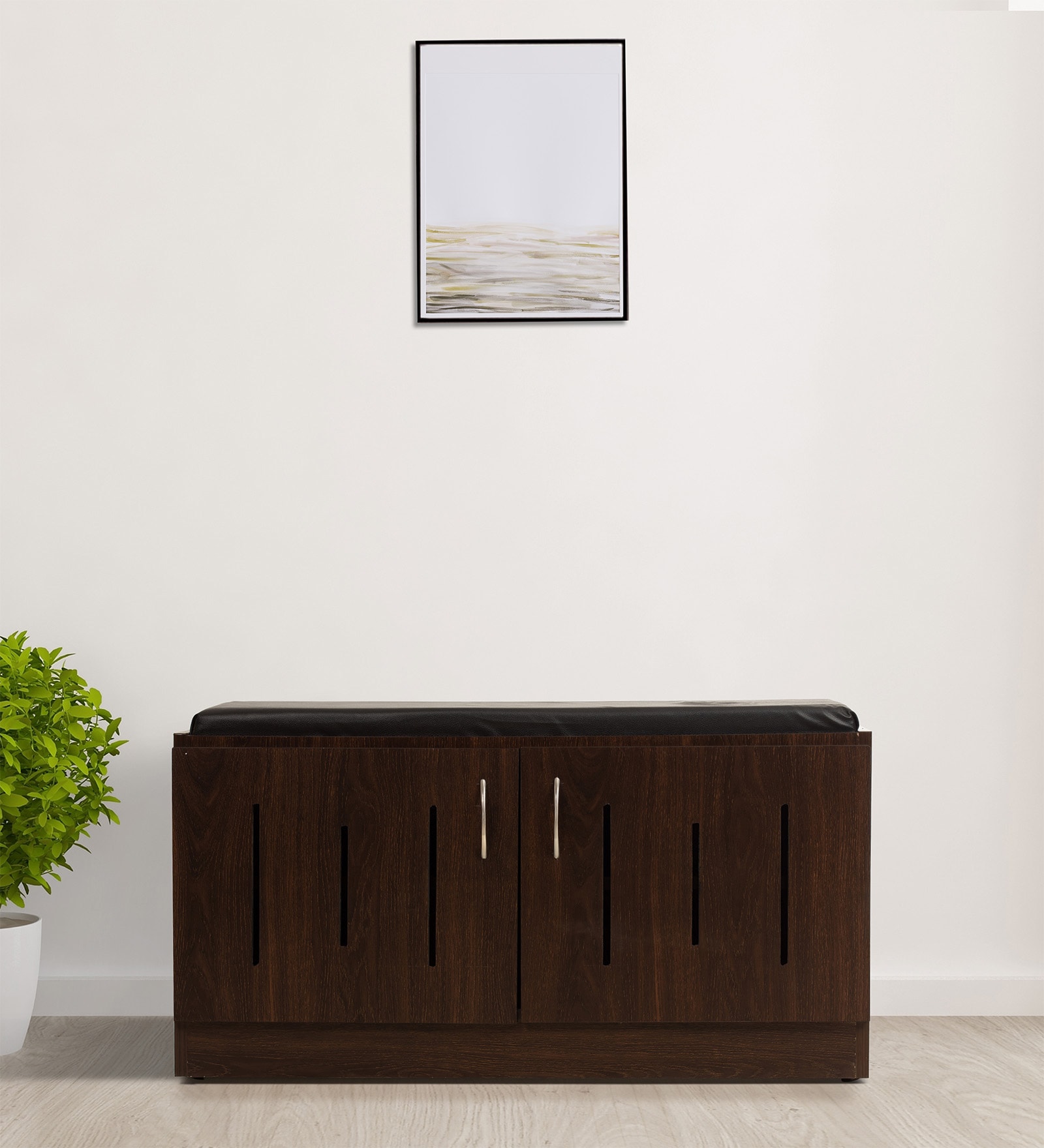 Flow Shoe Rack With Seating in Brown Teak Matte Finish