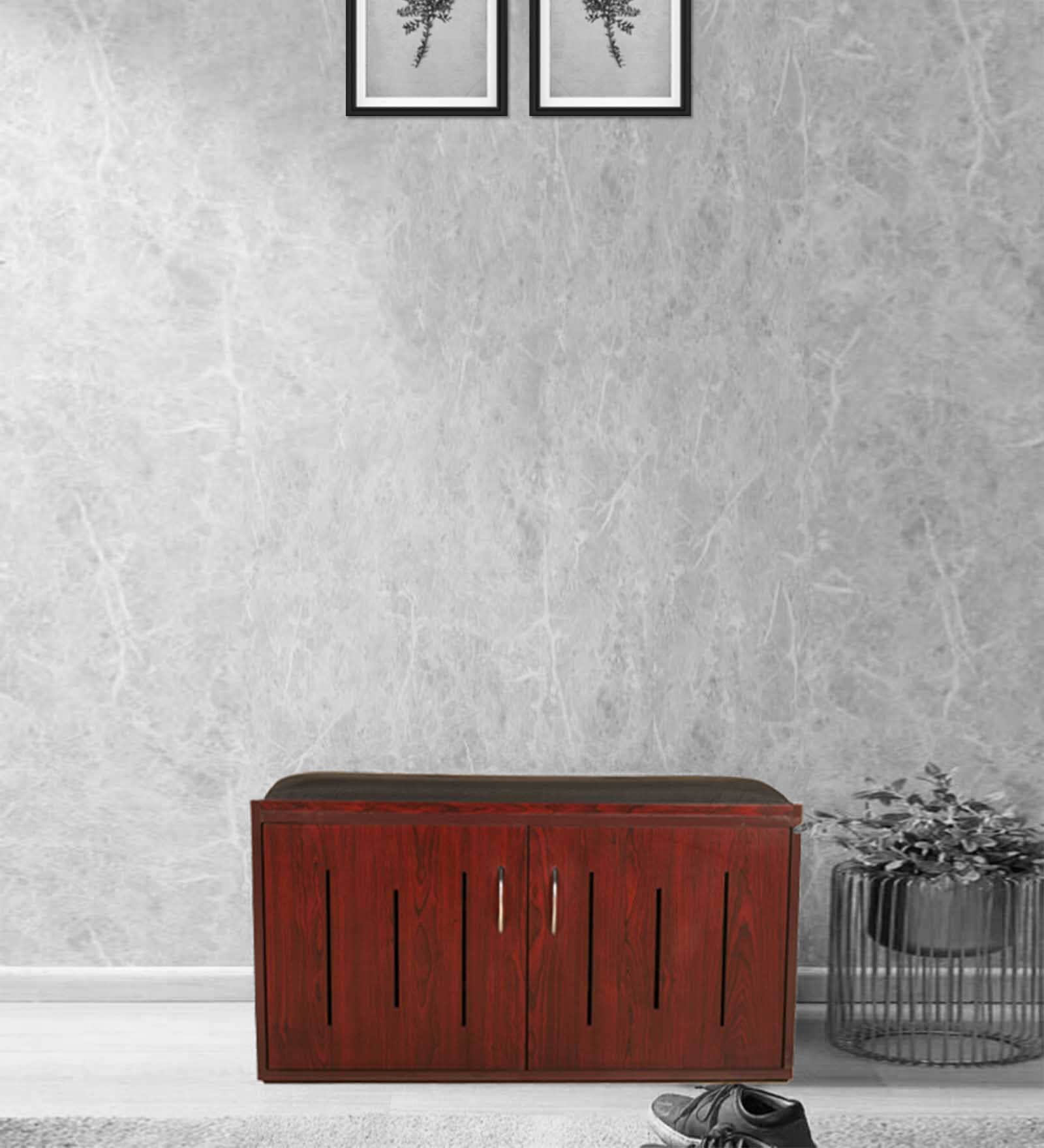Flow Shoe Rack with Seating in Rose Wood Finish