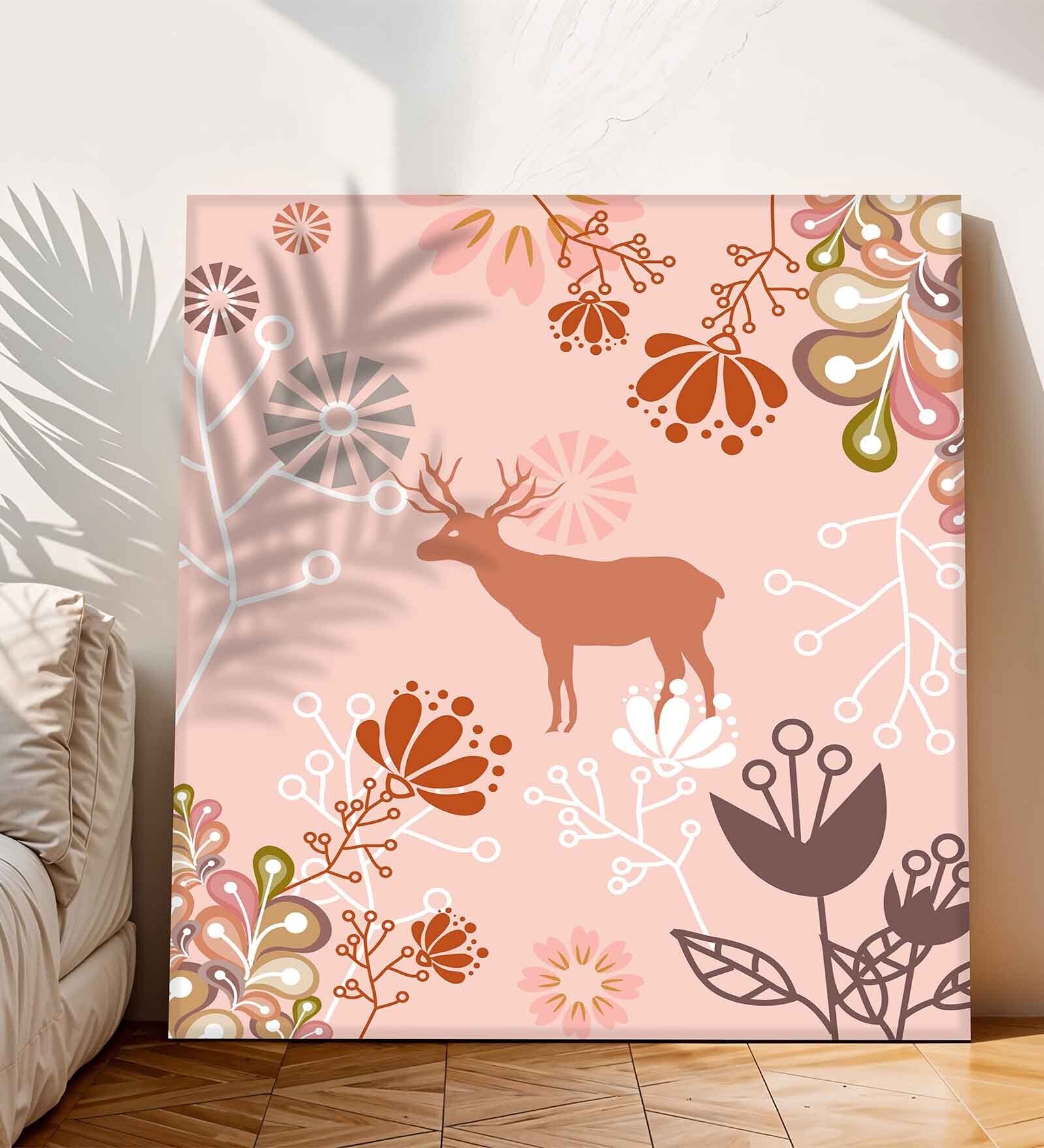 22 Inches Flower With Deer Canvas Stretched Wall Art Painting