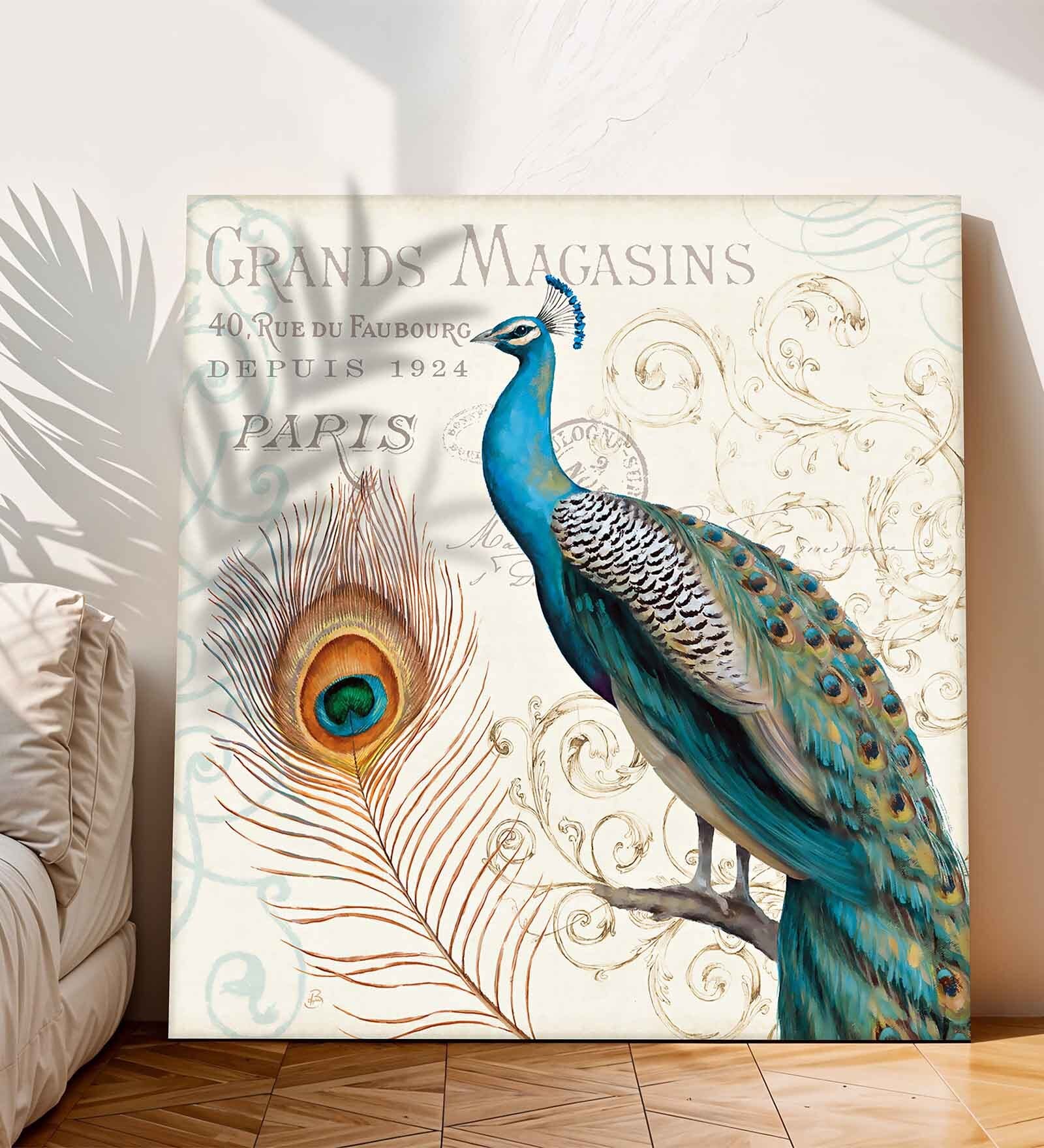 22 Inches Peacock with Feather Canvas Stretched Wall Art Painting