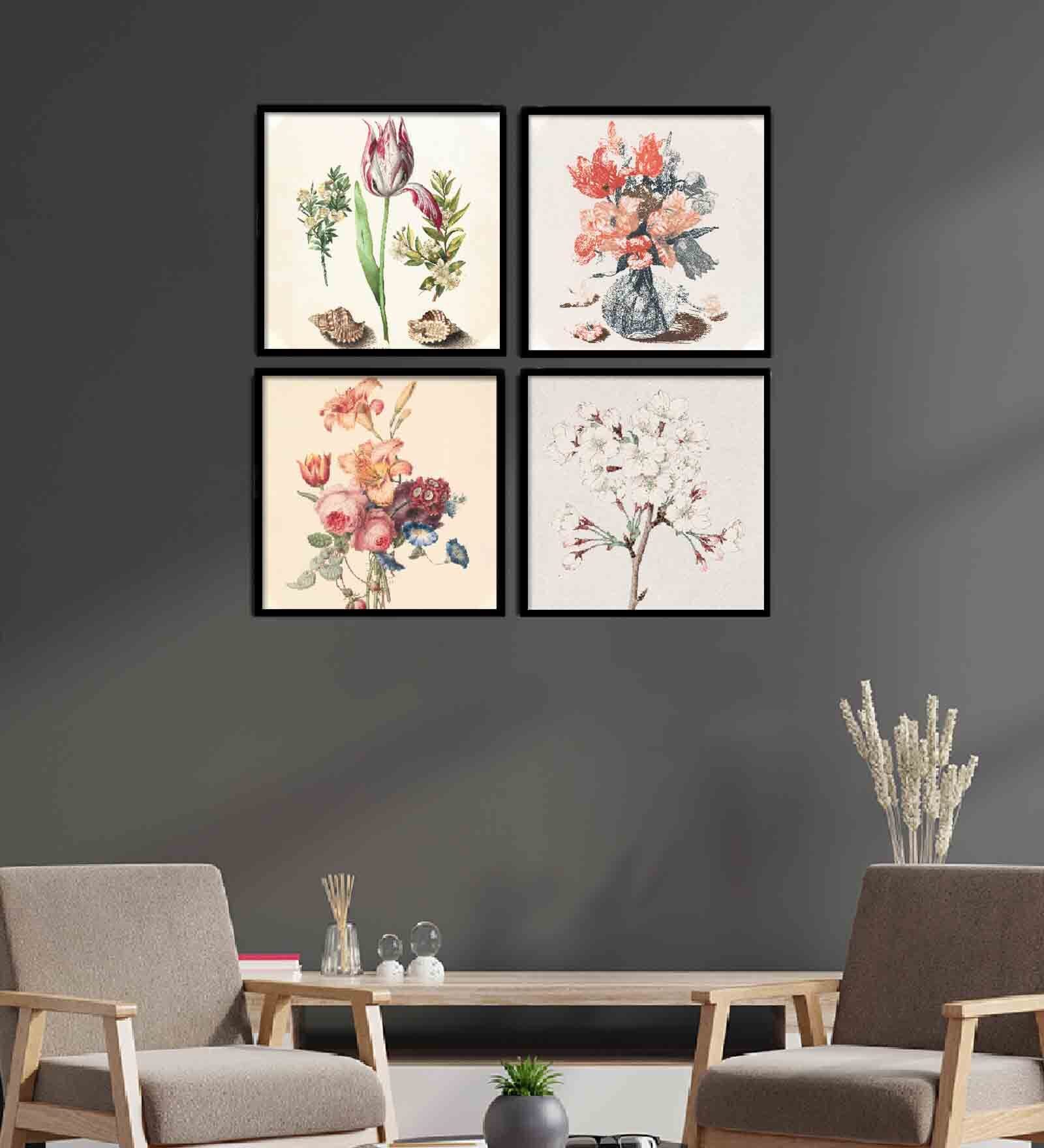 Themmercialie Orange Engineered Wood Framed Floral Art Print Set of 4