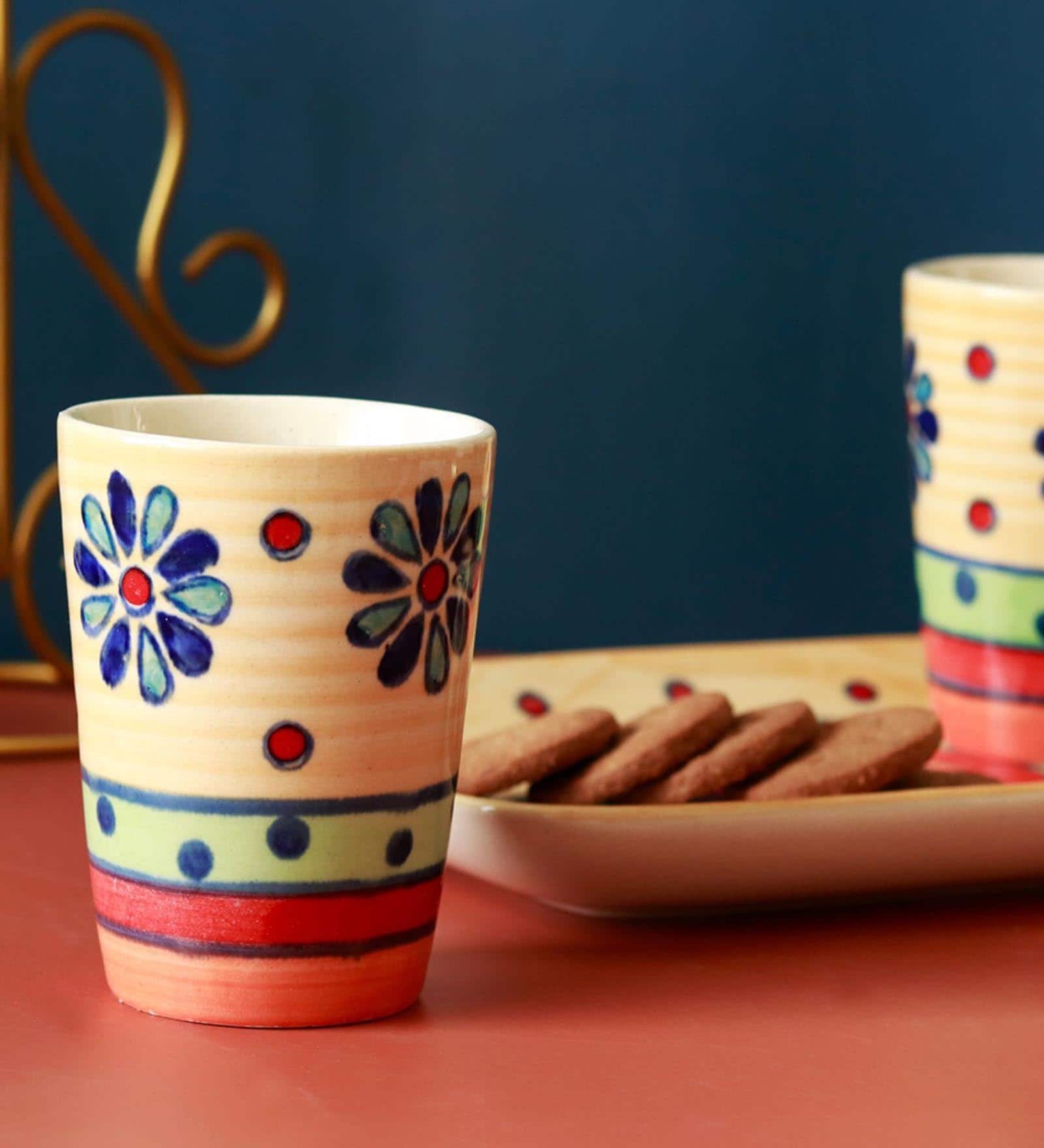 Flower Petals 150Ml Multicolor Ceramic Set Of 2 Glass With 1 Tray