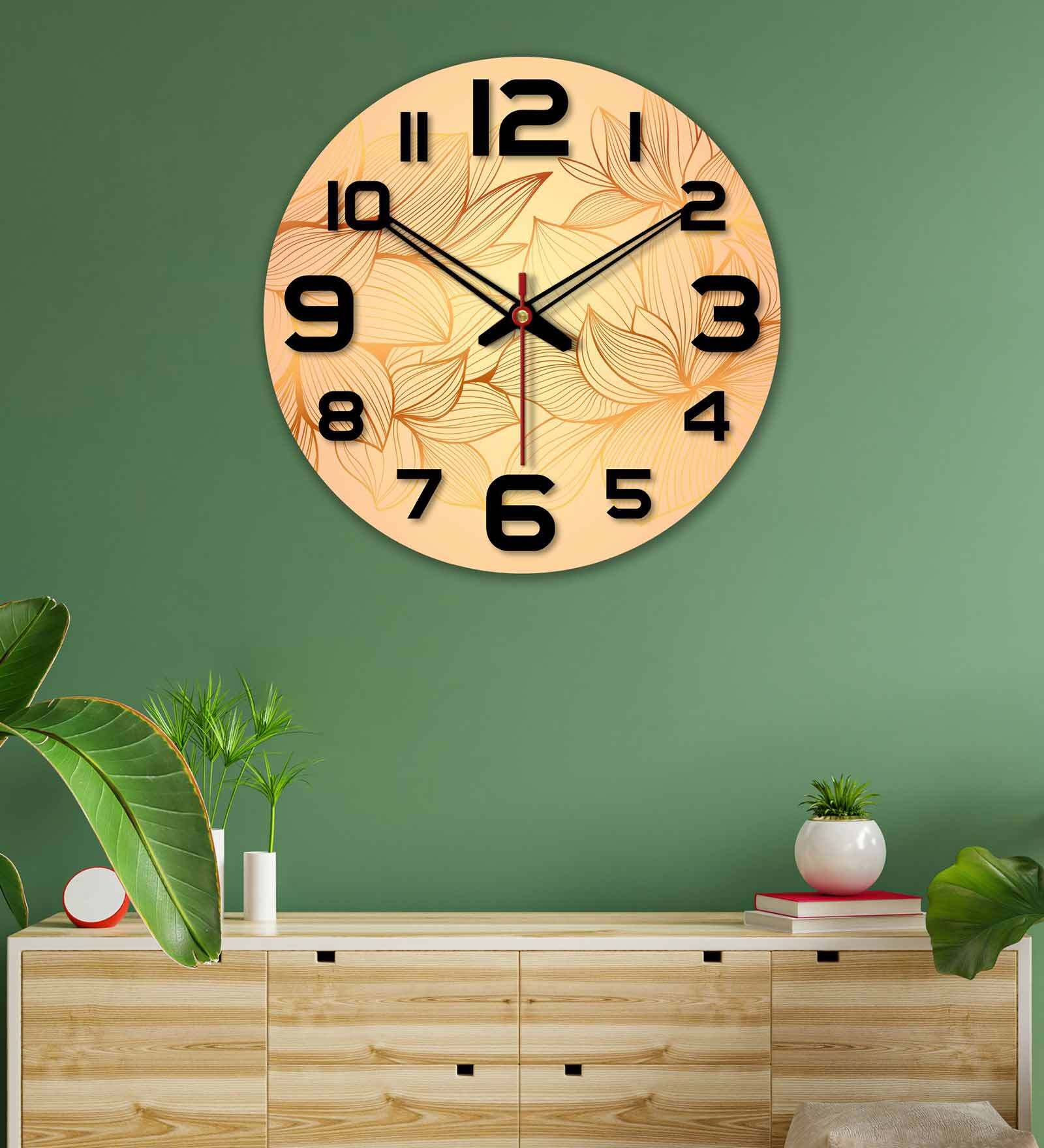 Flower Printed  Wood Wall Clock In Orange