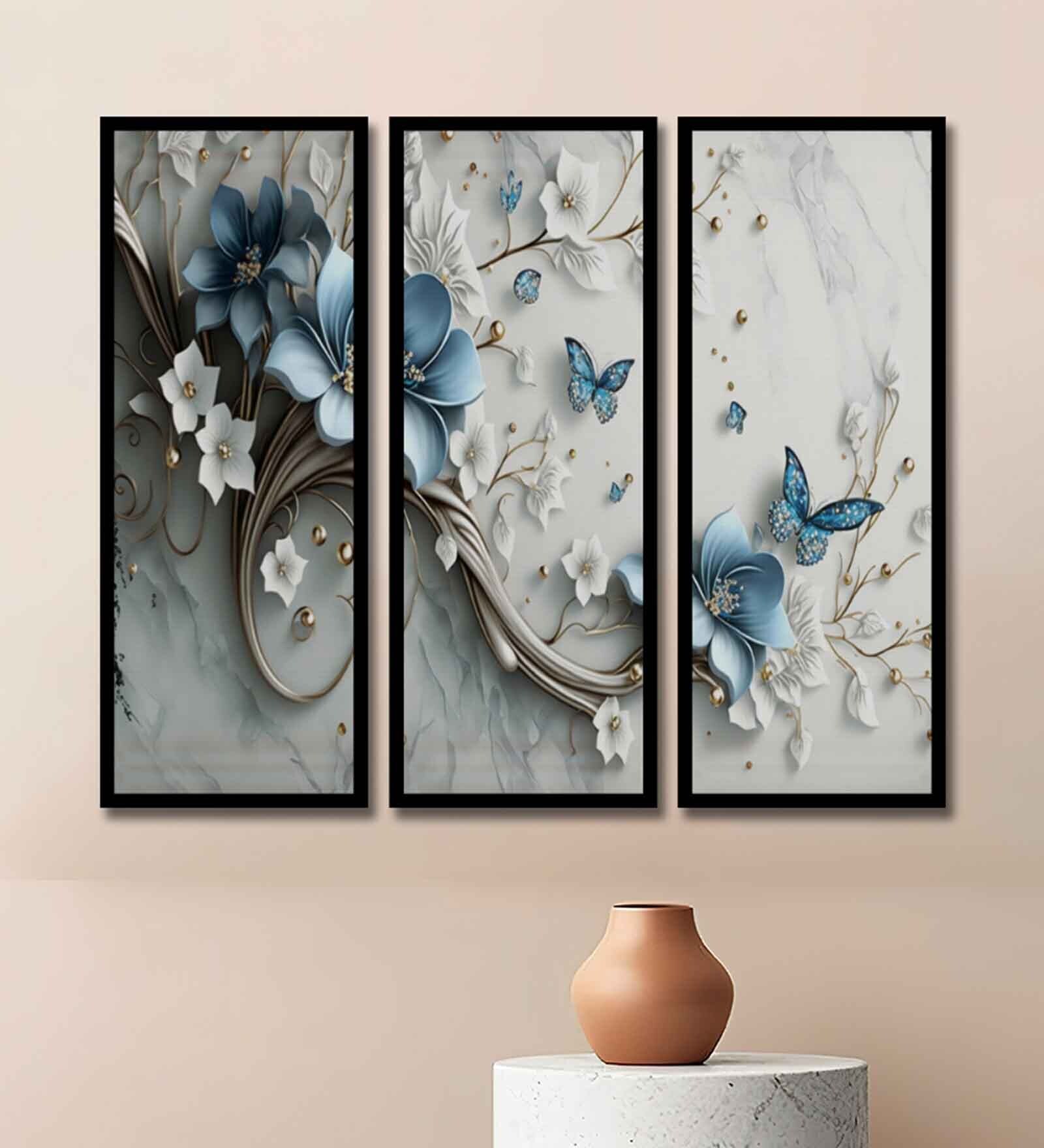 Flower Set Of 3 Blue & White Engineered Wood Wall Art Panels