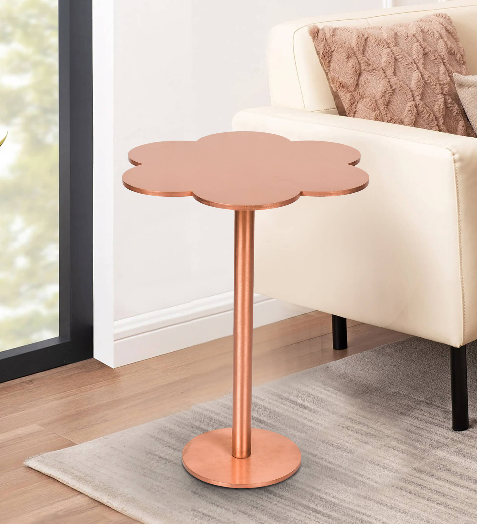 Flower Solid Wood Side Table in Copper Finish