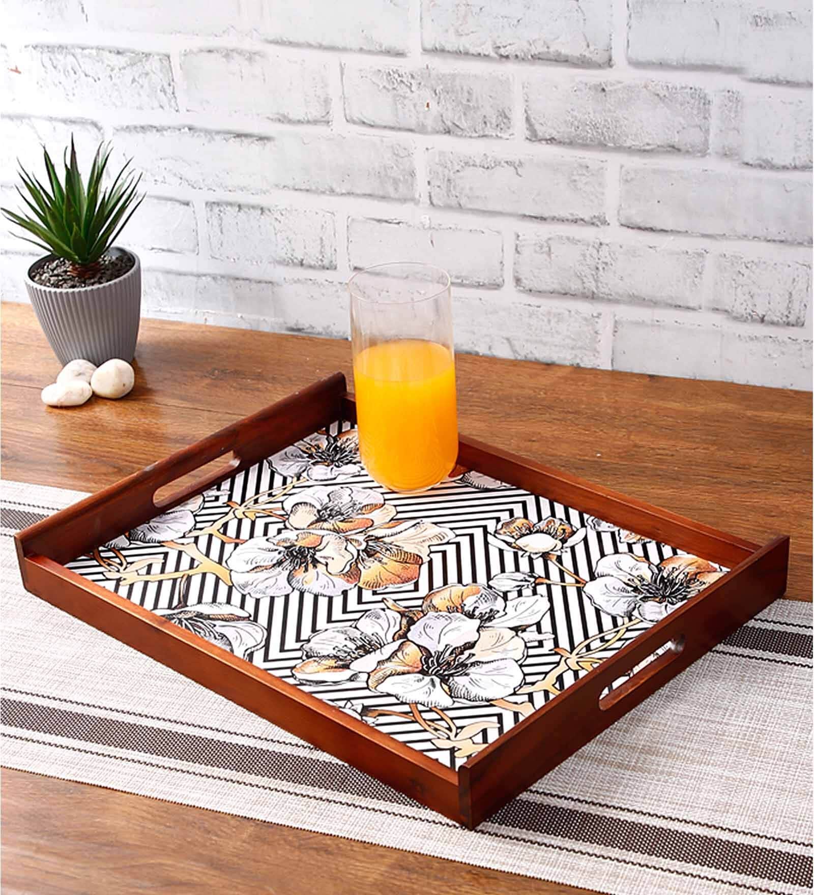 Flower Thai Brown Teak Wood & MDF Serving Tray Reinvention factory