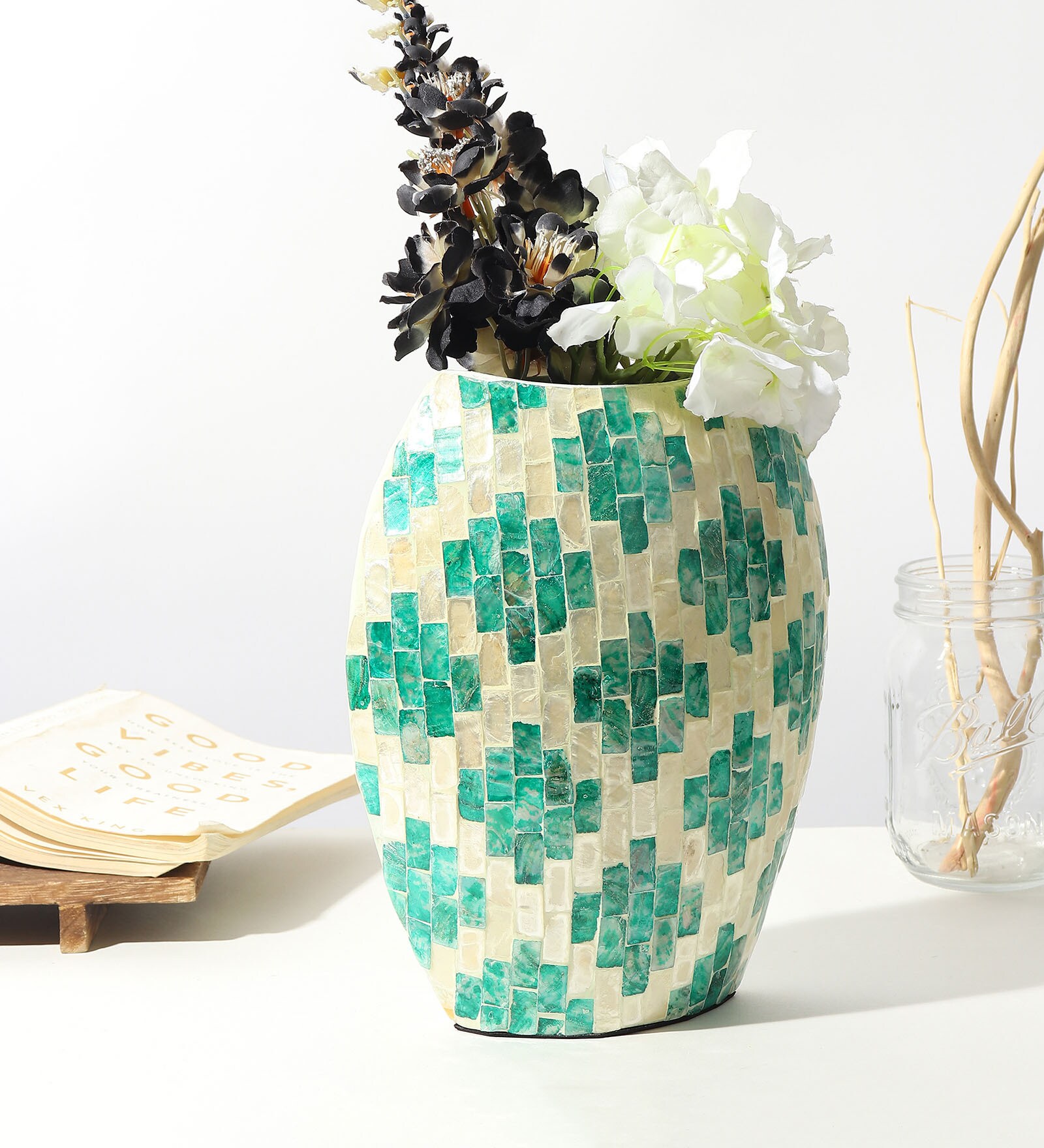 (1Pc) Blue Mother Of Pearl Decorative Vase For Home Decor